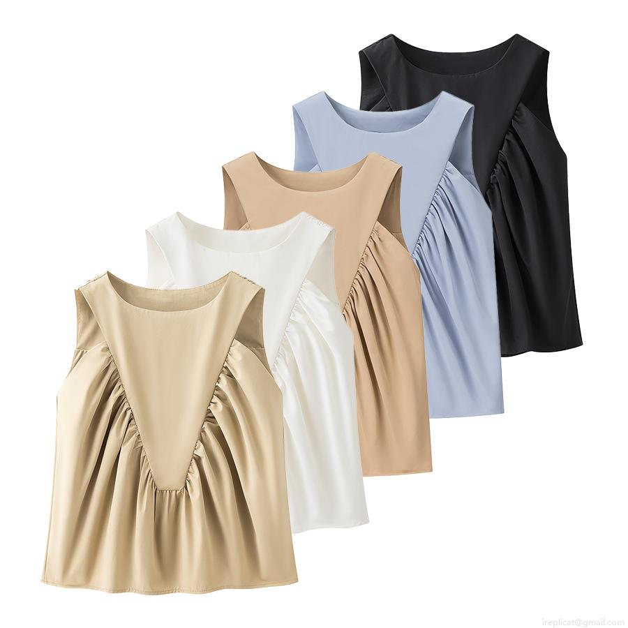 Women's Casual Sleeveless Tank Top Round Neck Pleated Stitching Polyester Summer Loose Vest Comfortable Daily Fashion Top for Women