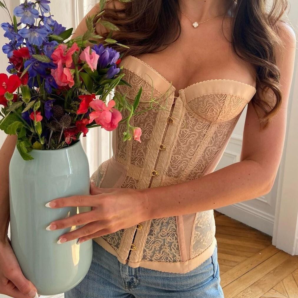 Women's Sexy Lace Corset Top Vintage Floral Fishbone Bustier Strapless Mesh Patchwork Slim Fit Hook and Eye Closure Crop Top for Club Party Evening
