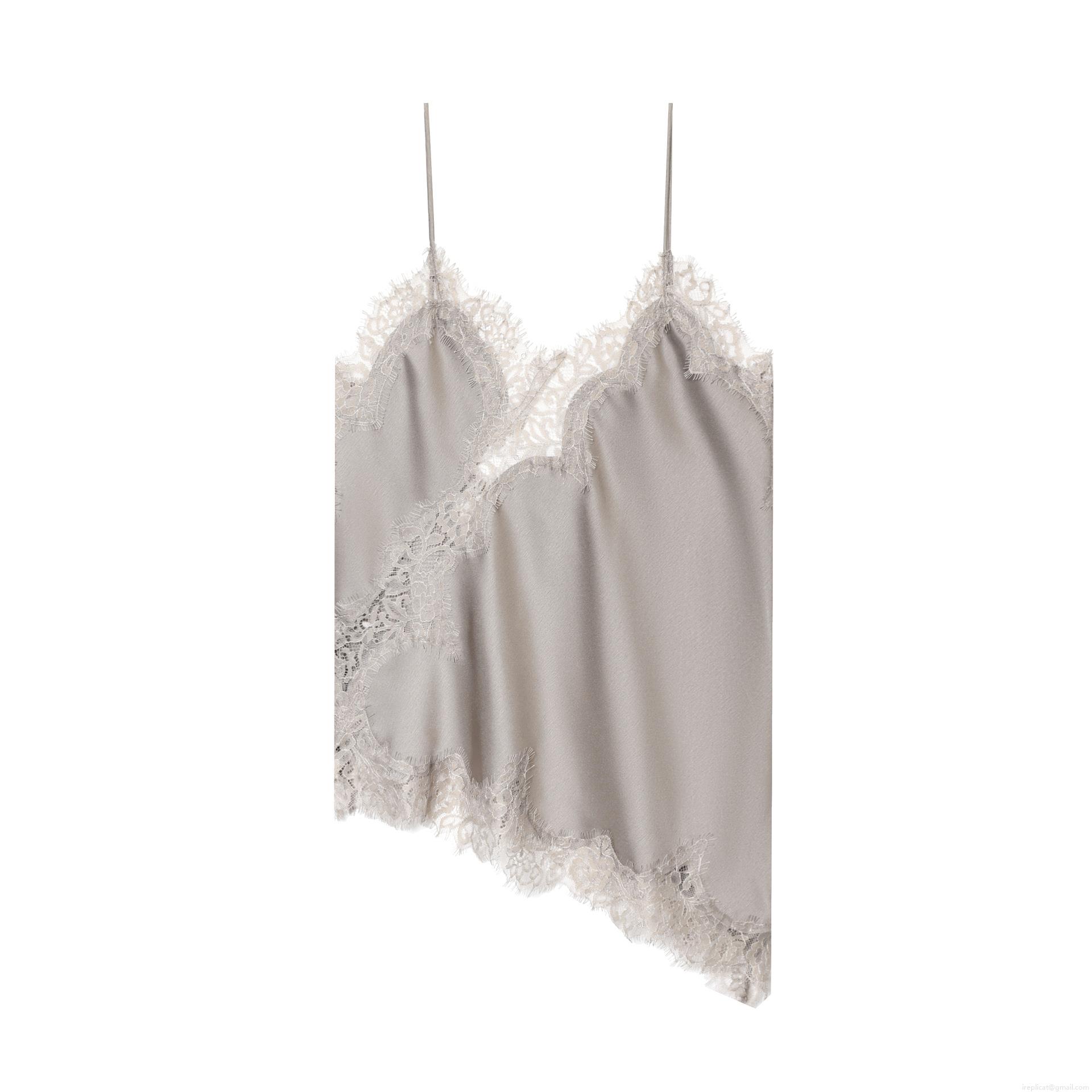 Women's Elegant Satin Camisole Top With Lace Patchwork Sexy V Neck Spaghetti Strap Asymmetrical Hem Sleeveless Tank Top For Summer Party Clubwear