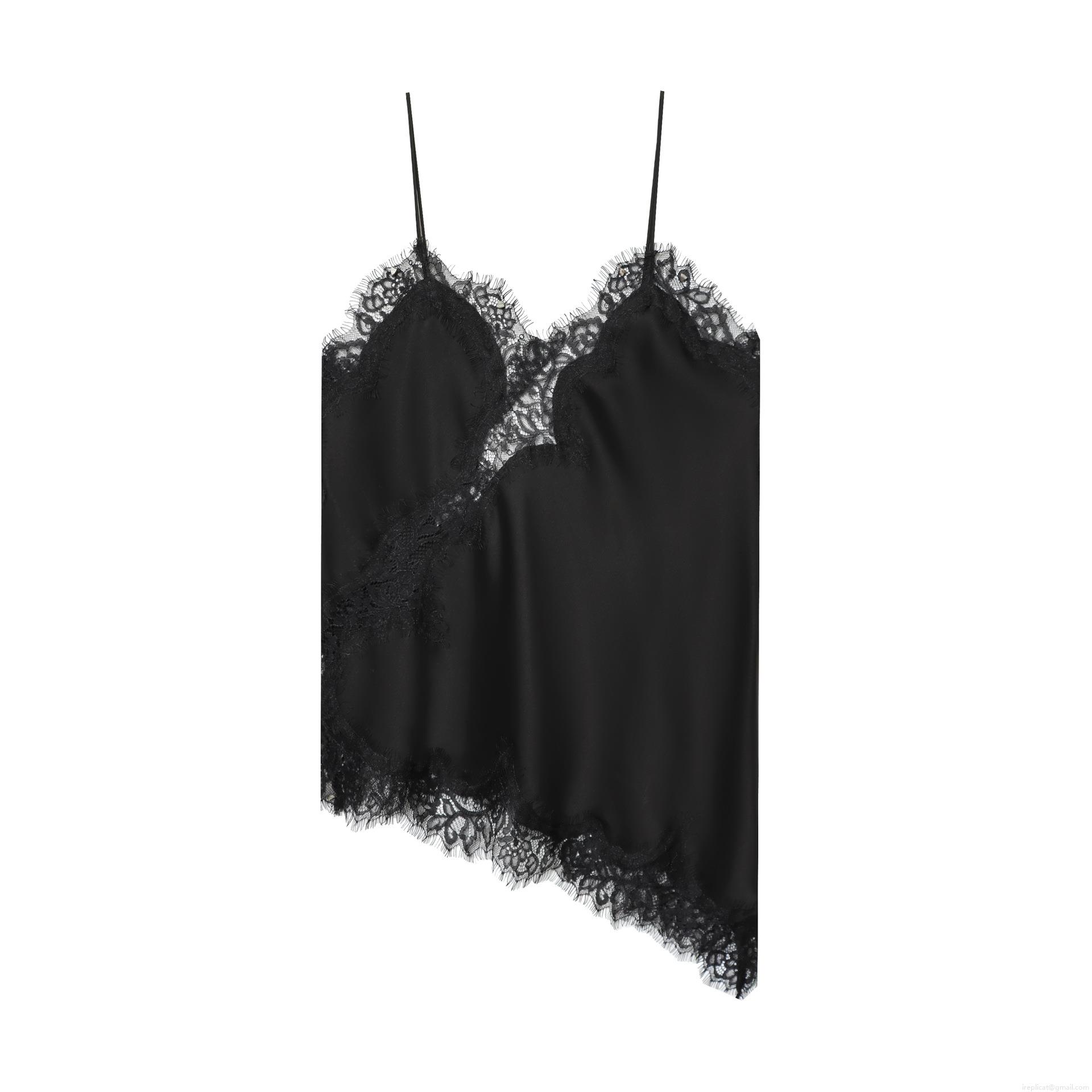Women's Elegant Satin Camisole Top With Lace Patchwork Sexy V Neck Spaghetti Strap Asymmetrical Hem Sleeveless Tank Top For Summer Party Clubwear