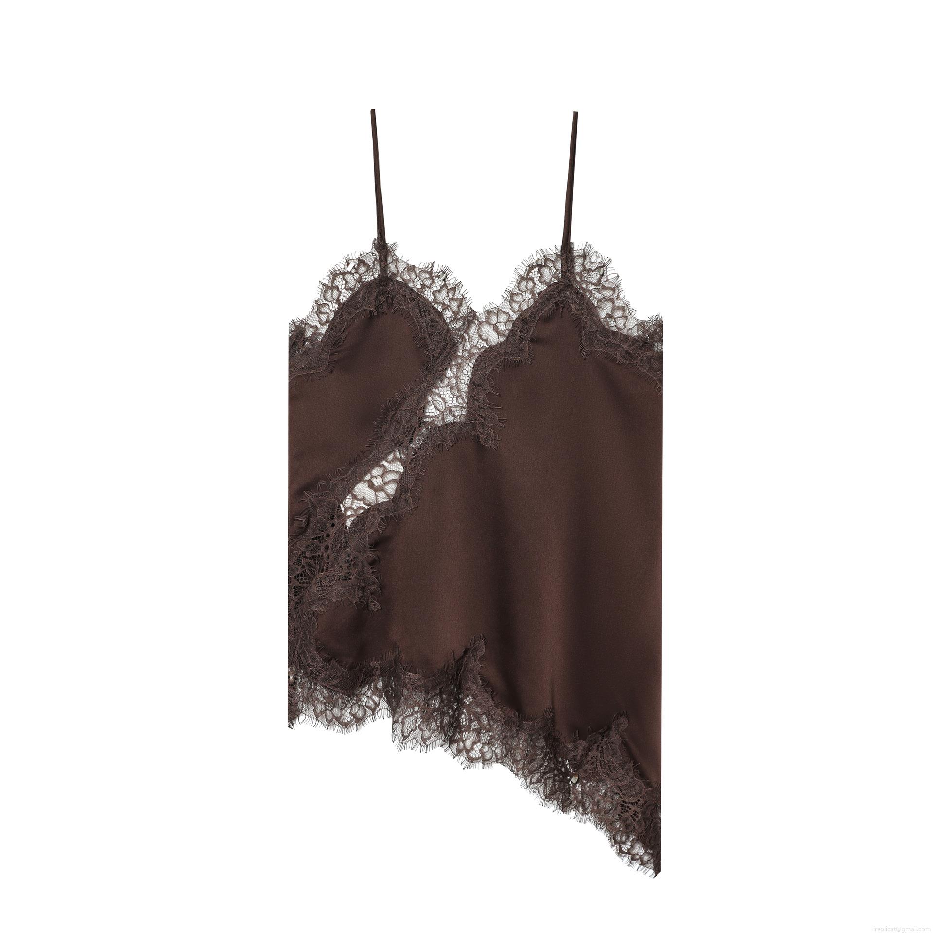 Women's Elegant Satin Camisole Top With Lace Patchwork Sexy V Neck Spaghetti Strap Asymmetrical Hem Sleeveless Tank Top For Summer Party Clubwear