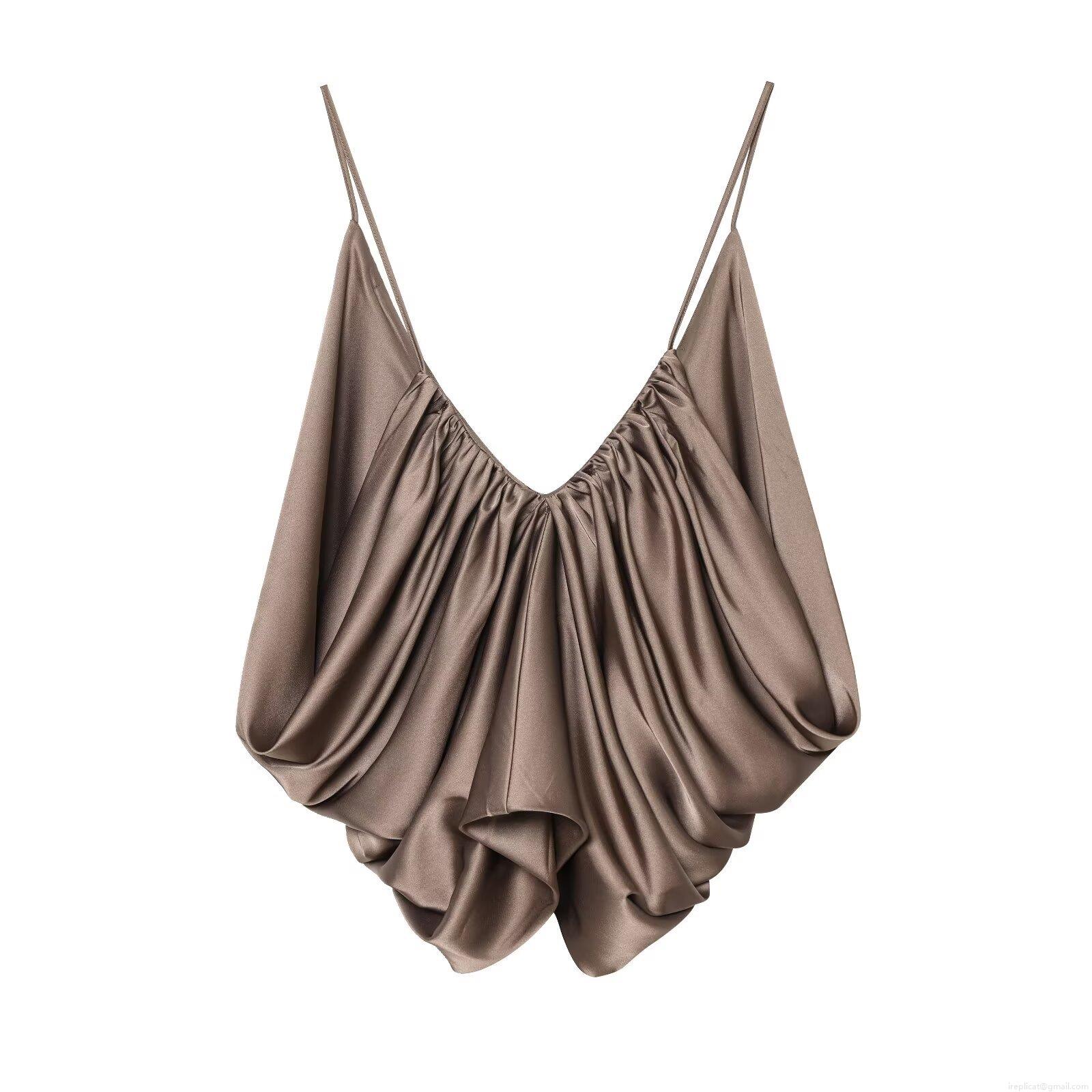 Women's Sexy Silk Satin Cami Top Backless Pleated Spaghetti Strap V Neck Camisole Sleeveless Loose Streetwear Party Tank Top For Women