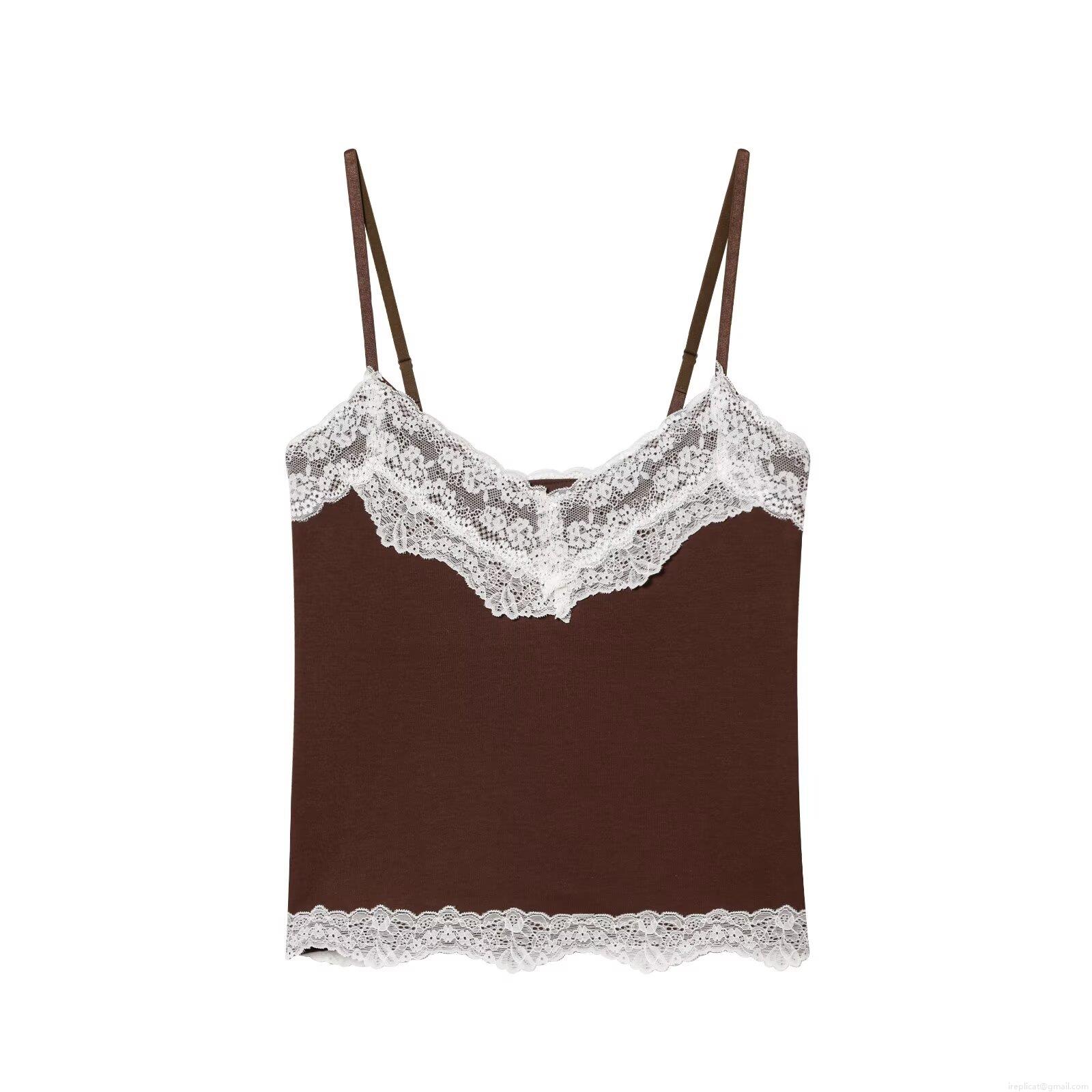 Women's Knit Lace Trim Camisole Top Sexy V-Neck Slim Fit Cropped Tank Top Summer Sleeveless Ribbed Double Layered Cotton Blend Shirt For Casual Party