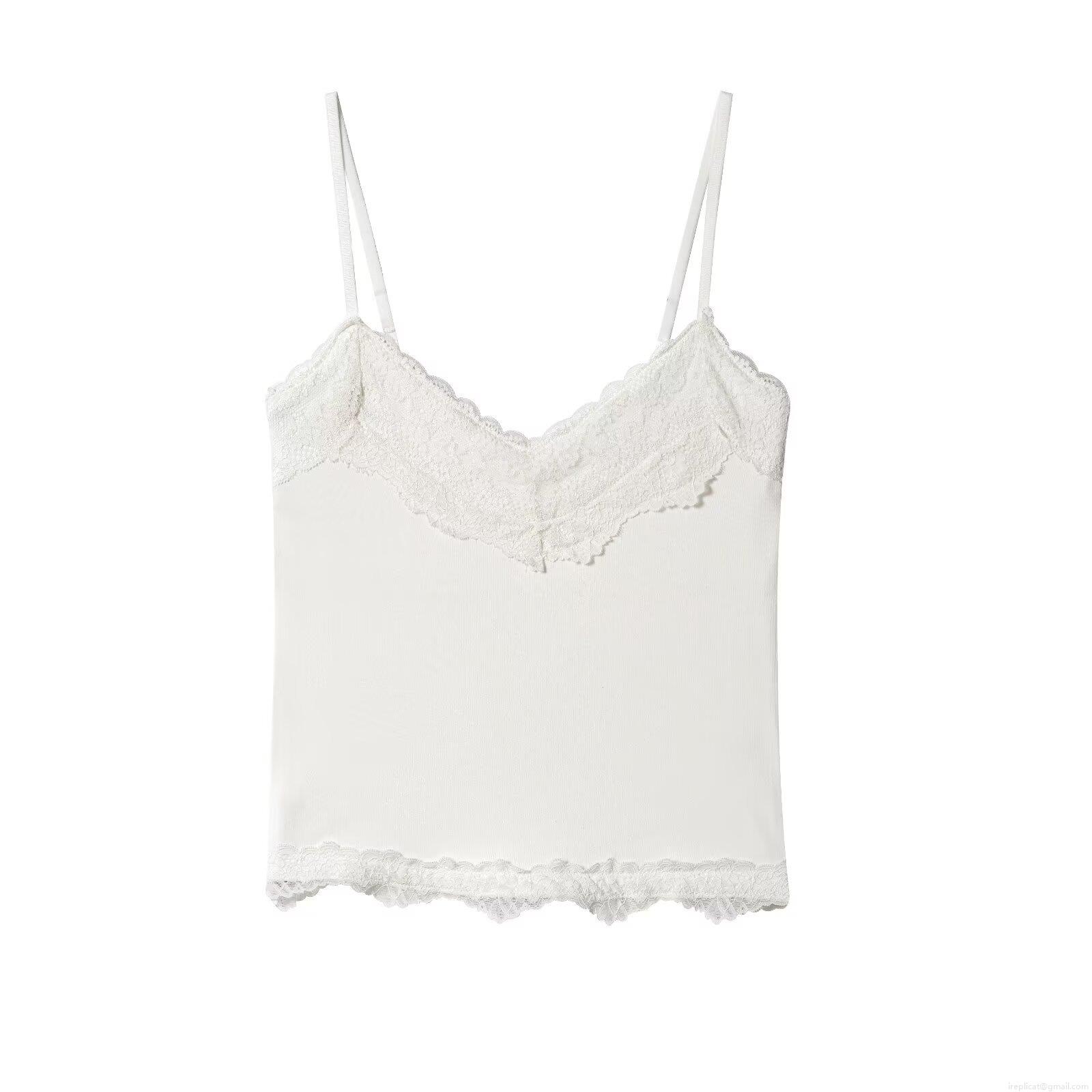 Women's Knit Lace Trim Camisole Top Sexy V-Neck Slim Fit Cropped Tank Top Summer Sleeveless Ribbed Double Layered Cotton Blend Shirt For Casual Party