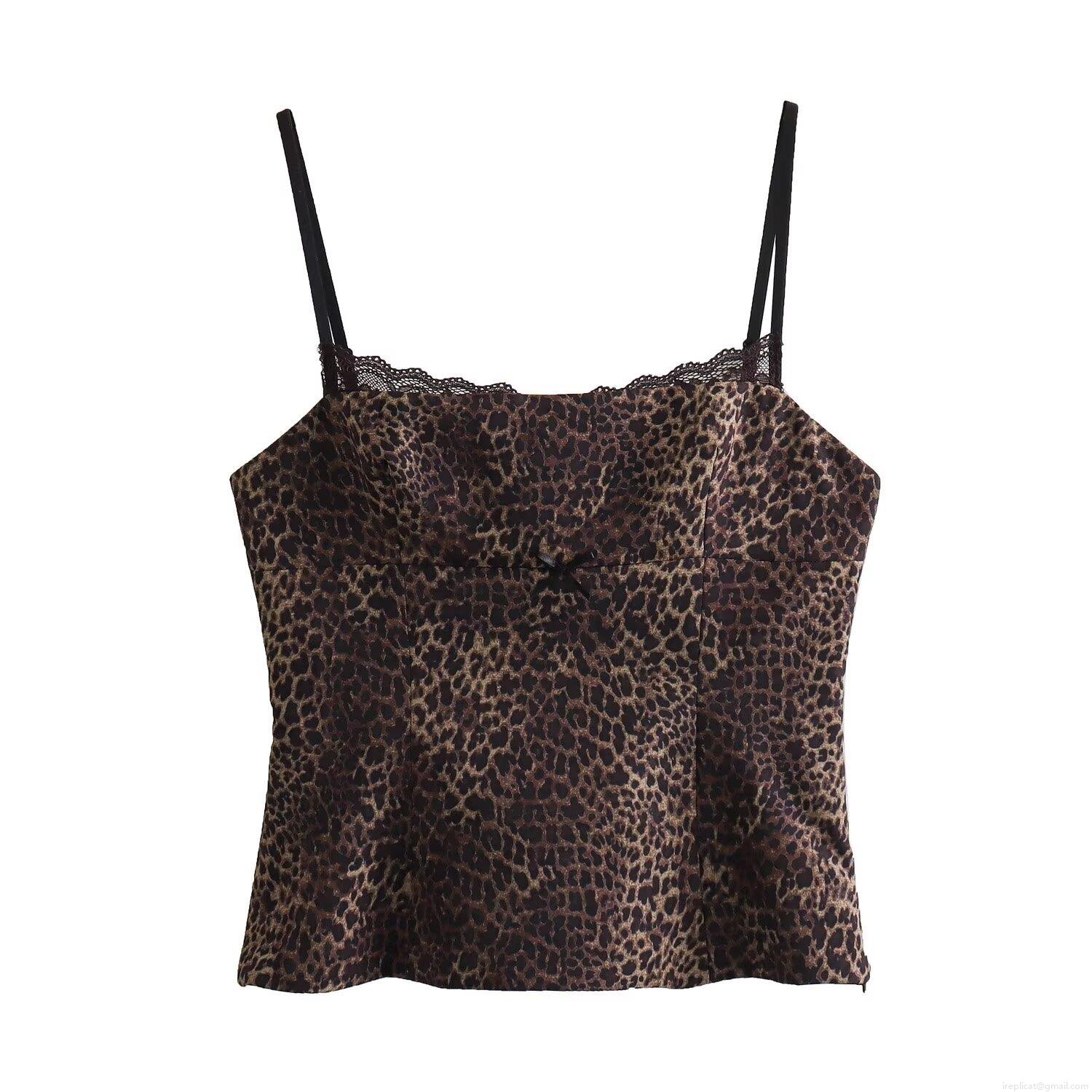 Women's Sexy Satin Lace Cami Crop Top Leopard Animal Print Slim Fit Polyester Streetwear Sleeveless Tank Top With Bow For Party Clubwear