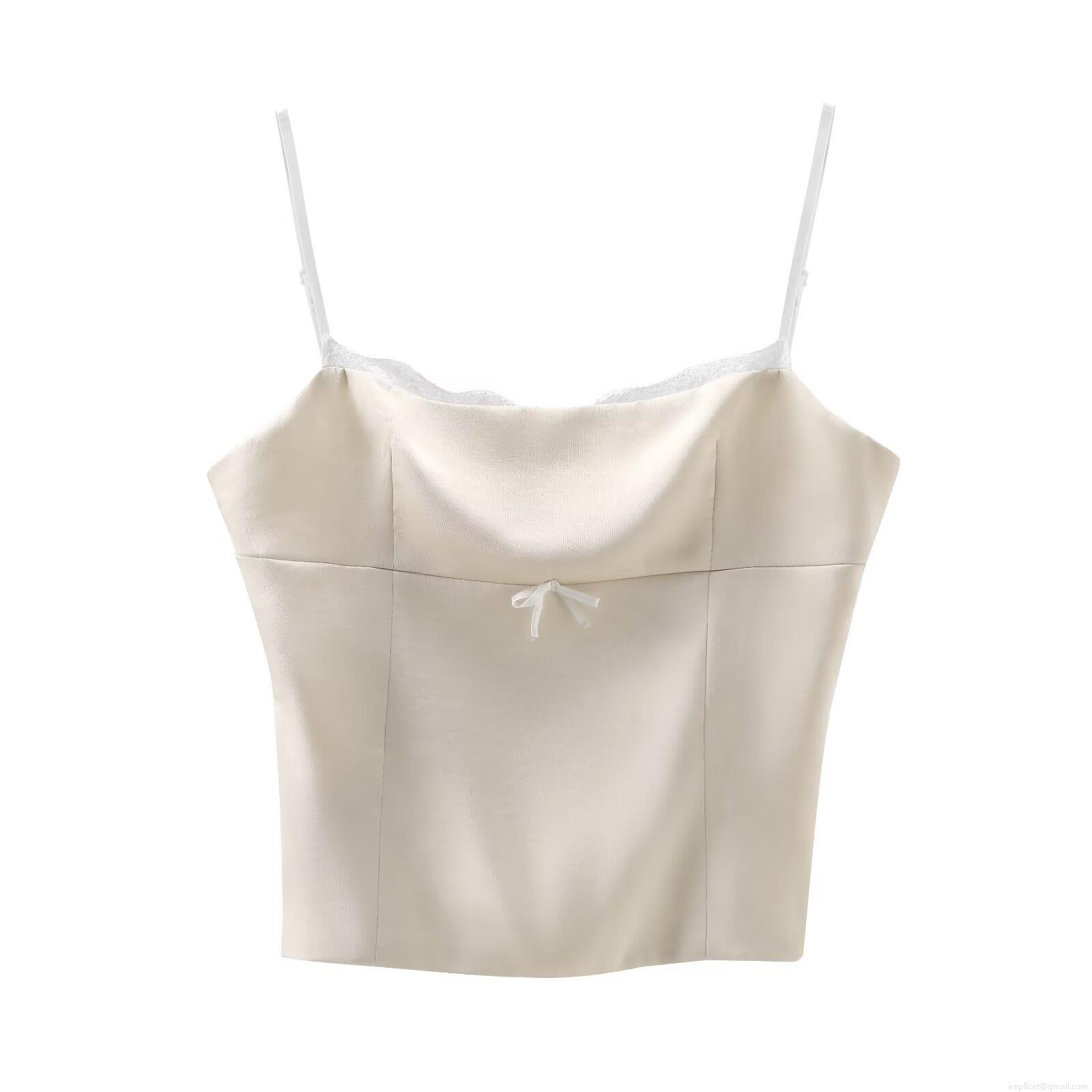 Women Sexy Satin Camisole Top Lace Trim V-Neck Bow Cropped Tank Streetwear Sleeveless Vest Summer Party Clubwear Solid Color Leopard Print Cami