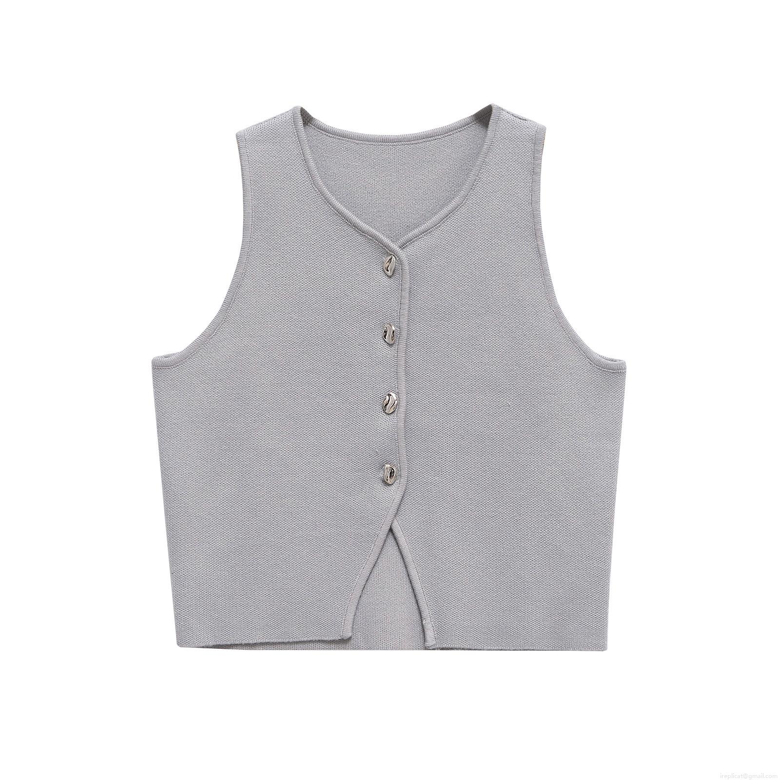 Women V Neck Knitted Vest Single Breasted Short Camisole Slim Fit Sleeveless Crop Top With Metal Buttons Solid Zebra Pattern Streetwear Fashion Knitwear For Summer Spring