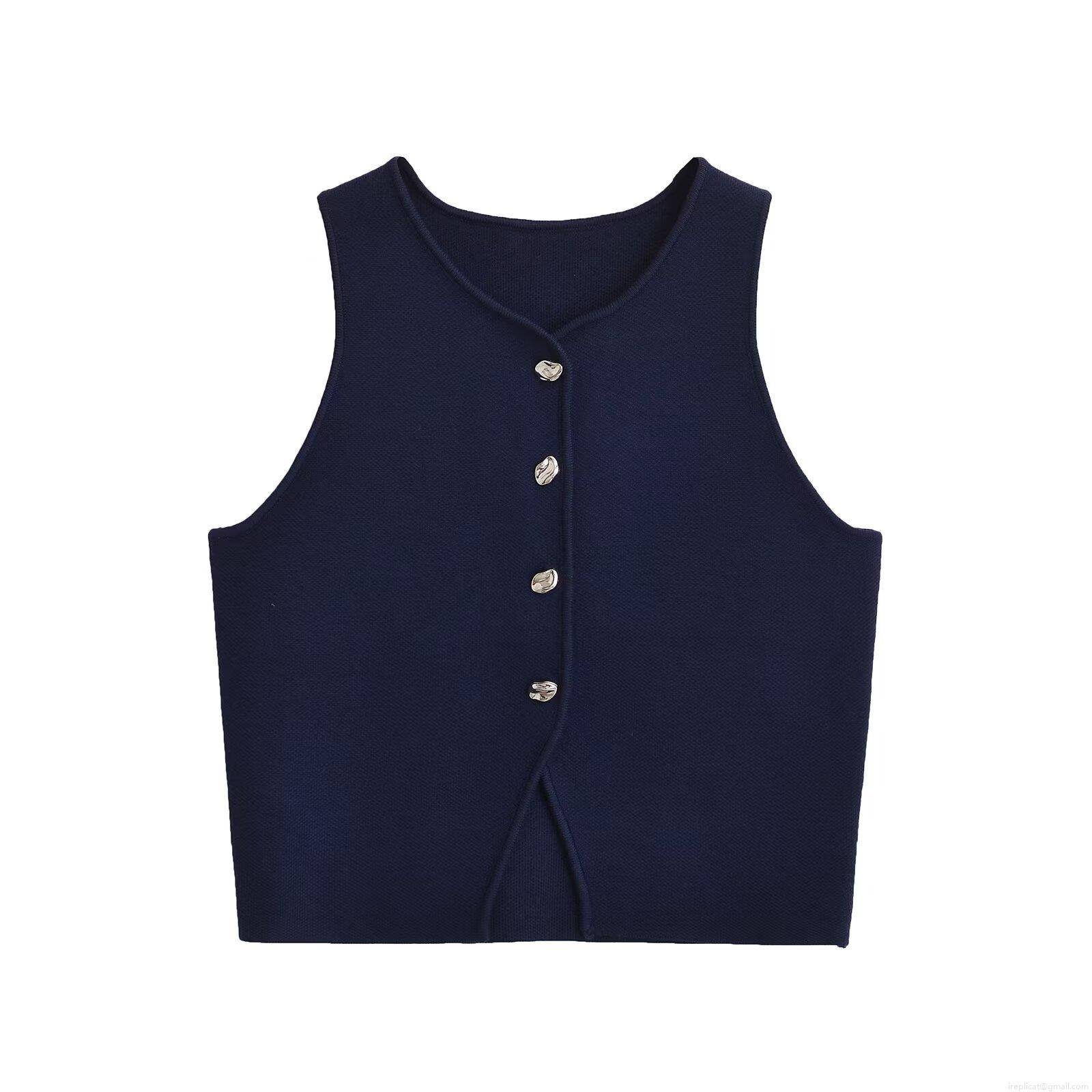 Women V Neck Knitted Vest Single Breasted Short Camisole Slim Fit Sleeveless Crop Top With Metal Buttons Solid Zebra Pattern Streetwear Fashion Knitwear For Summer Spring