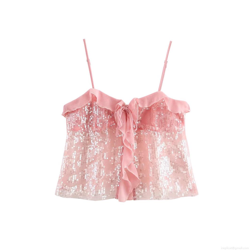 Women Sexy Sequin Camisole Top With Ruffle Tie-Front V-Neck Sleeveless Party Tank Top 100% Polyester Streetwear Clubwear For Ladies