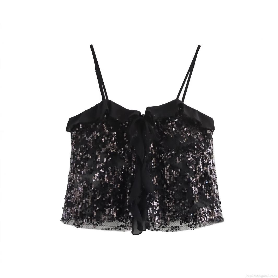 Women Sexy Sequin Camisole Top With Ruffle Tie-Front V-Neck Sleeveless Party Tank Top 100% Polyester Streetwear Clubwear For Ladies