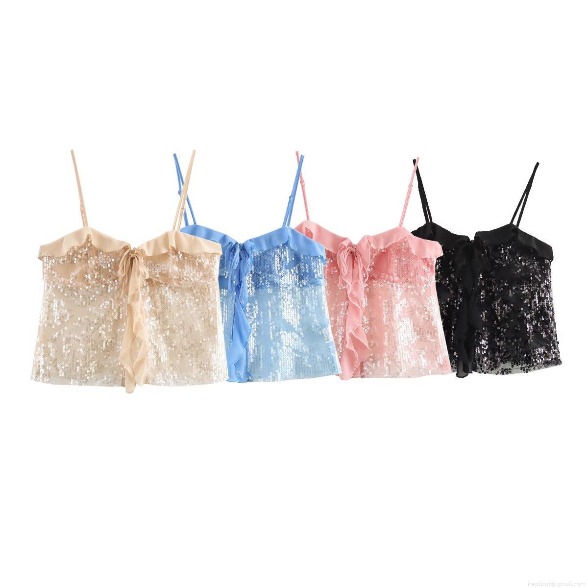 Women Sexy Sequin Camisole Top With Ruffle Tie-Front V-Neck Sleeveless Party Tank Top 100% Polyester Streetwear Clubwear For Ladies