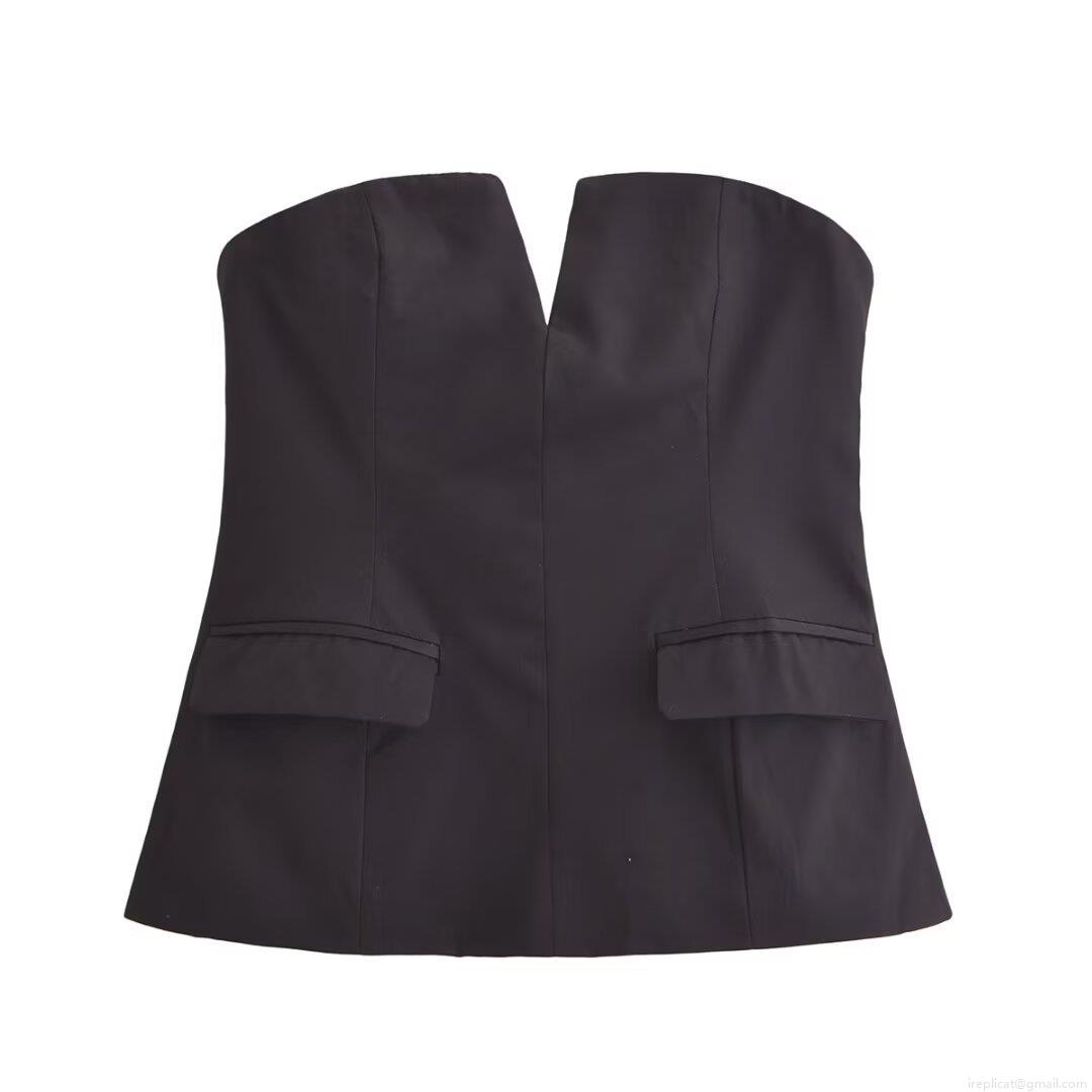 Women Sexy V-Neck Notch Strapless Tube Top Slim Fit Polyester Bustier With Decorative Pockets Solid Color Summer Crop Top For Party Clubwear Streetwear Elegant Lady Clothing