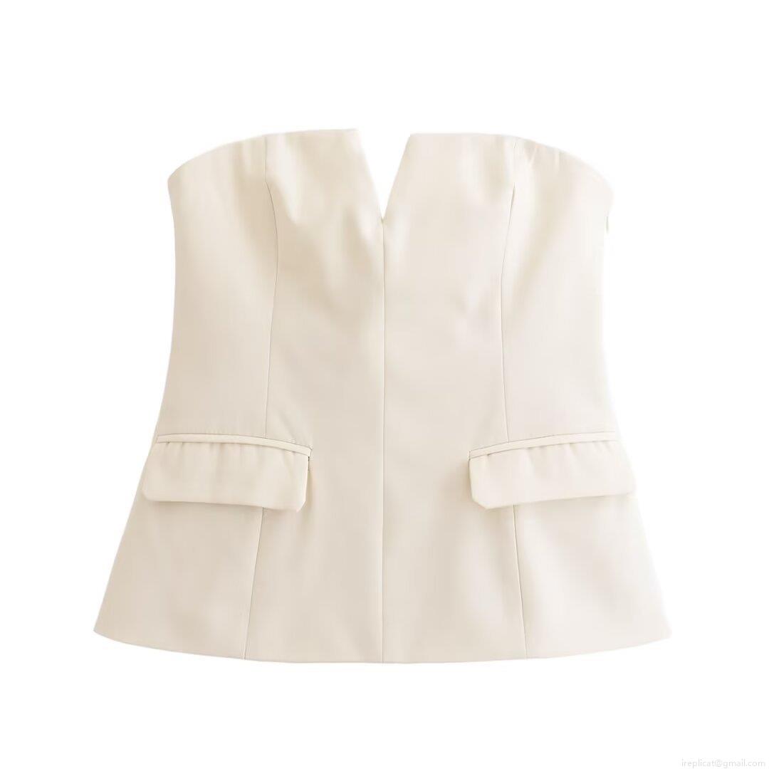 Women Sexy V-Neck Notch Strapless Tube Top Slim Fit Polyester Bustier With Decorative Pockets Solid Color Summer Crop Top For Party Clubwear Streetwear Elegant Lady Clothing