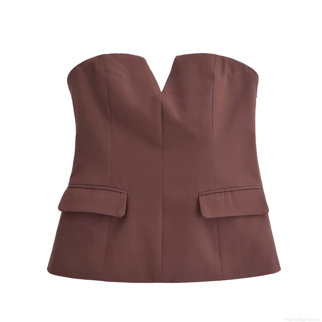 Women Sexy V-Neck Notch Strapless Tube Top Slim Fit Polyester Bustier With Decorative Pockets Solid Color Summer Crop Top For Party Clubwear Streetwear Elegant Lady Clothing
