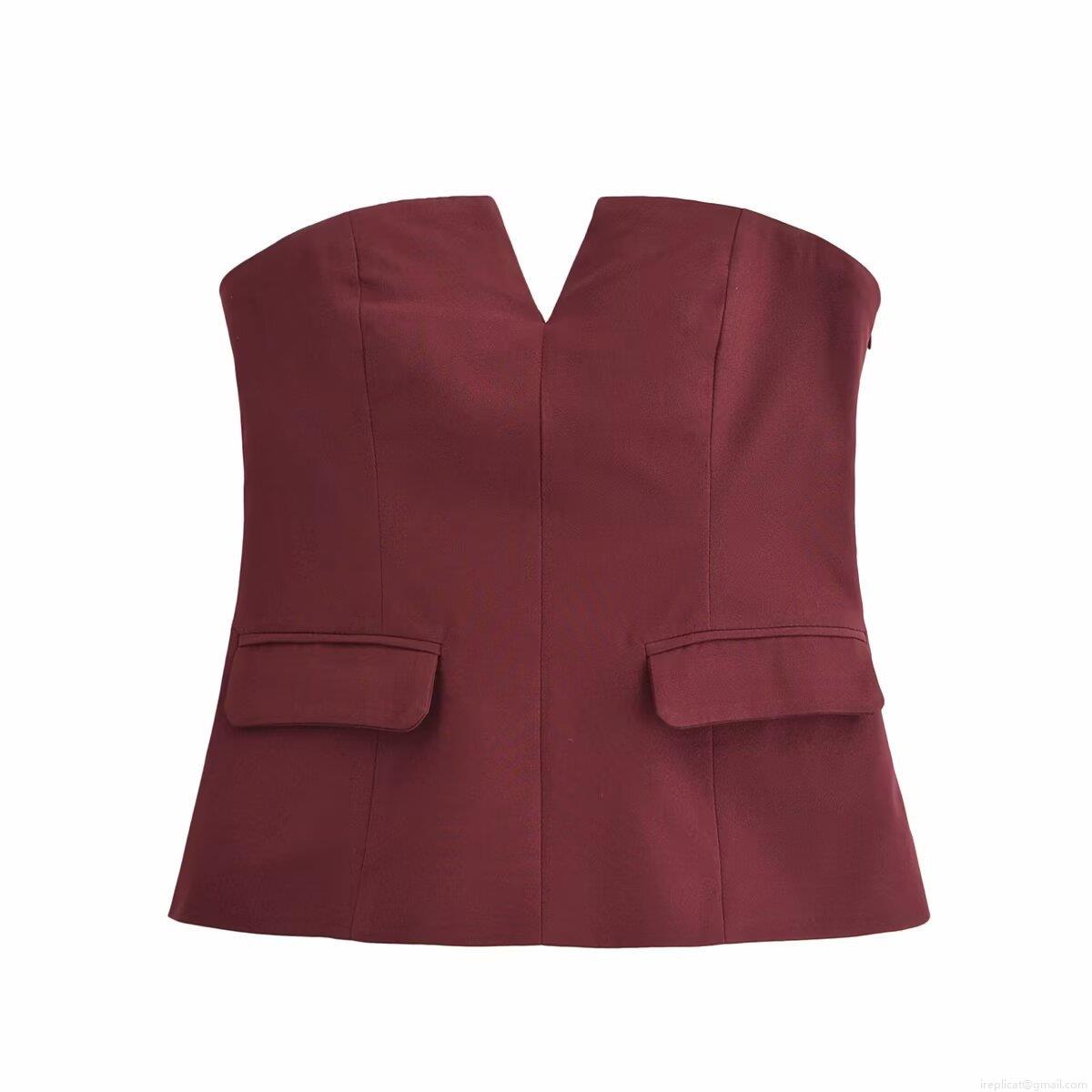 Women Sexy V-Neck Notch Strapless Tube Top Slim Fit Polyester Bustier With Decorative Pockets Solid Color Summer Crop Top For Party Clubwear Streetwear Elegant Lady Clothing
