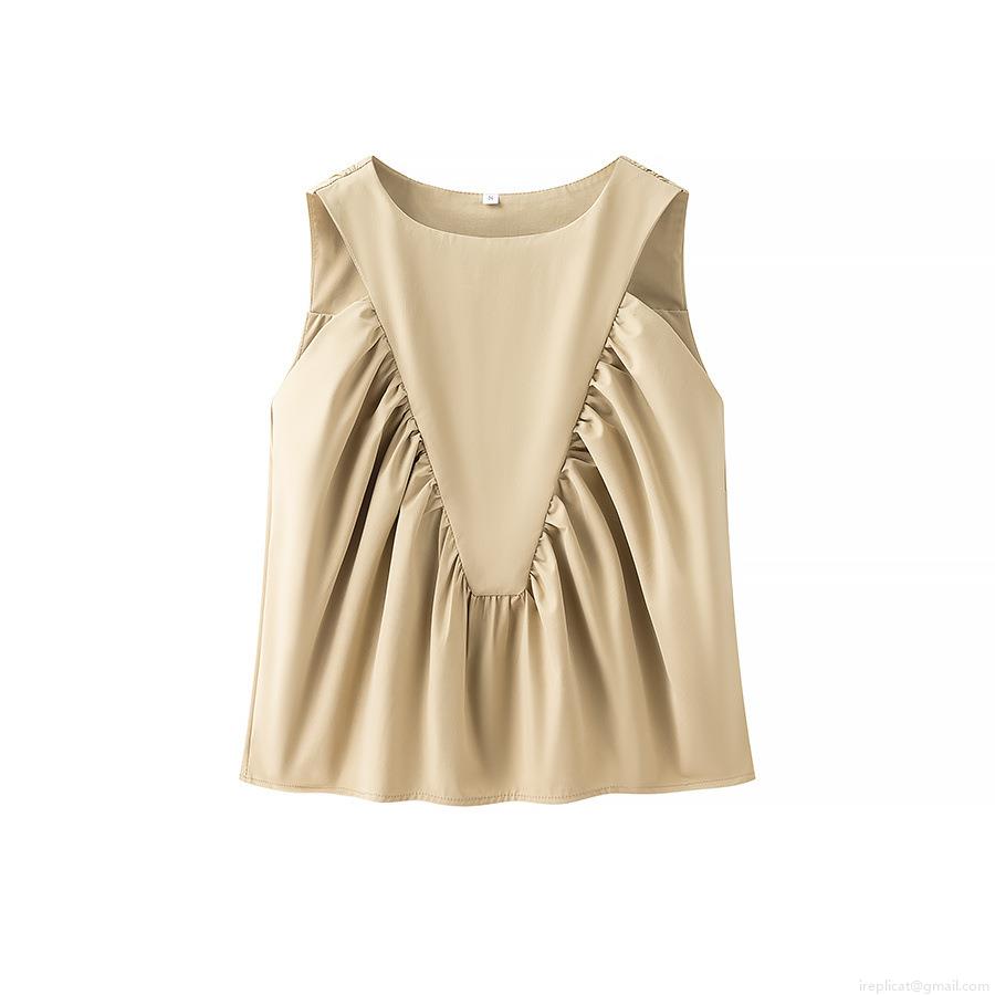 Women's Summer Sleeveless Top Round Neck Pleated Front Polyester Loose Vest Elegant Solid Color Casual Blouse Streetwear for Women