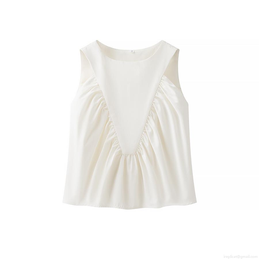 Women's Summer Sleeveless Top Round Neck Pleated Front Polyester Loose Vest Elegant Solid Color Casual Blouse Streetwear for Women