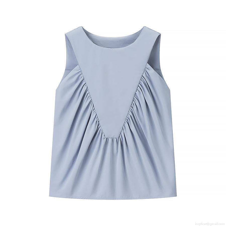 Women's Summer Sleeveless Top Round Neck Pleated Front Polyester Loose Vest Elegant Solid Color Casual Blouse Streetwear for Women