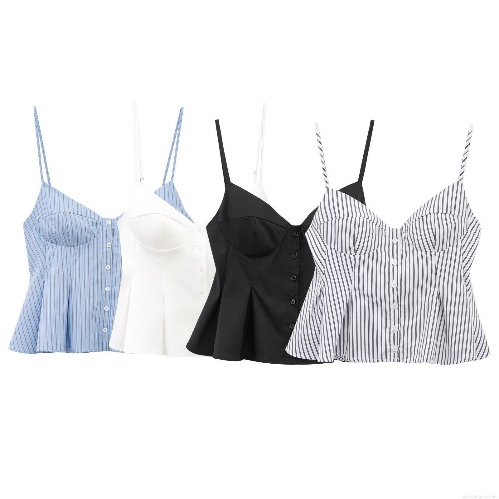 Women's Peplum Camisole Top Cotton Blend Button Up Spaghetti Strap Striped Sleeveless Shirt Summer Casual V Neck Tank Top for Women Party Dating