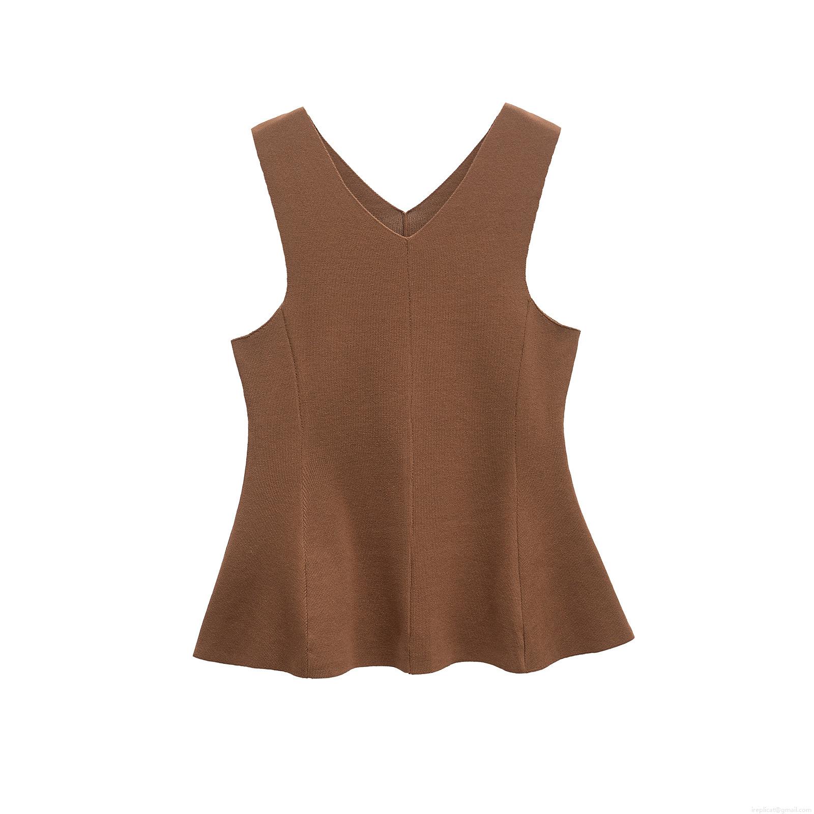Women's Knitted V-Neck Sleeveless Tank Top Sexy Peplum Hem Slim Fit Polyester Vest Shirt For Summer Daily Streetwear Chic Solid Color Top