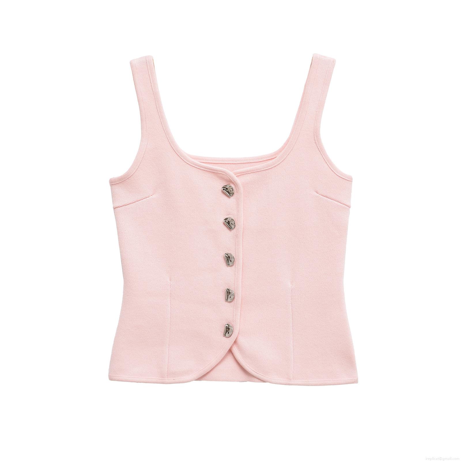 Women's Slim Fit Knit Tank Top With Metal Buttons Sleeveless U-Neck Ribbed Camisole Summer Casual Streetwear Vest Tops