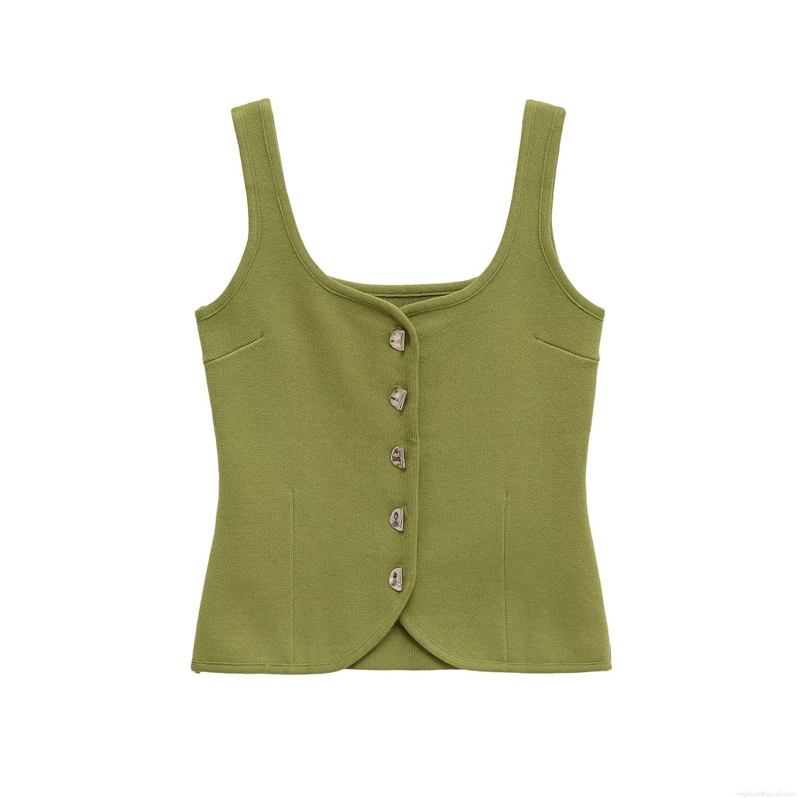 Women's Slim Fit Knit Tank Top With Metal Buttons Sleeveless U-Neck Ribbed Camisole Summer Casual Streetwear Vest Tops