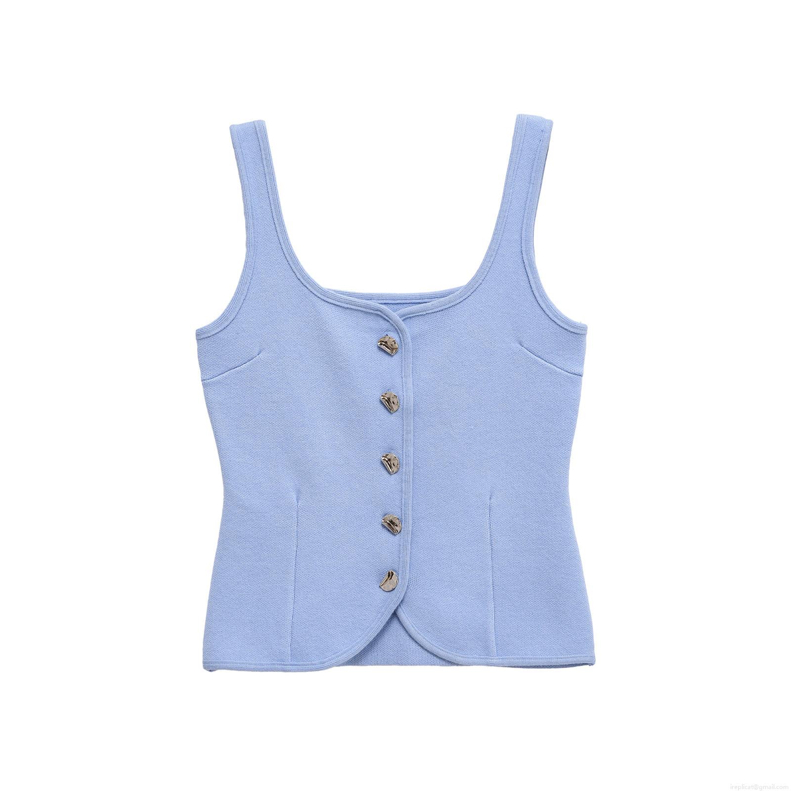 Women's Slim Fit Knit Tank Top With Metal Buttons Sleeveless U-Neck Ribbed Camisole Summer Casual Streetwear Vest Tops