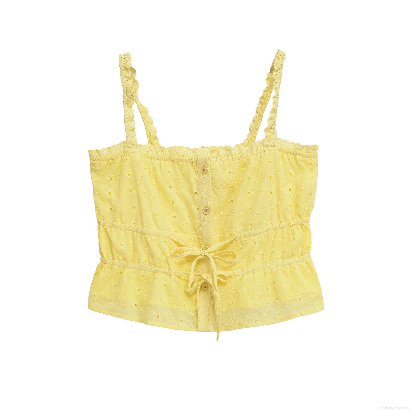 Women Eyelet Embroidery Lace-up Camisole Ruffled Strap Slim Fit Crop Top For Summer Vacation Party Ladies Elegant Cotton Blend Eyelet Tube Top