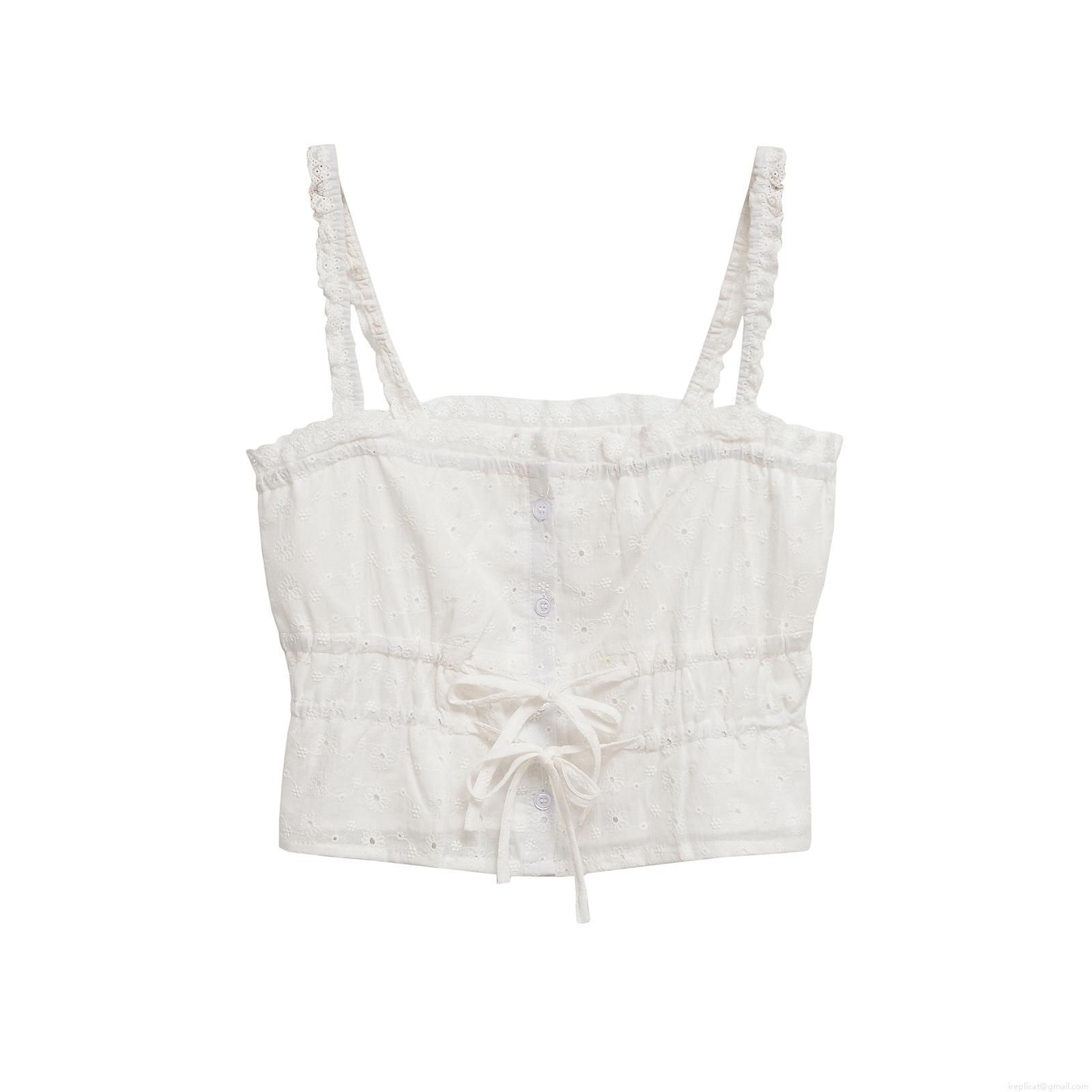 Women Eyelet Embroidery Lace-up Camisole Ruffled Strap Slim Fit Crop Top For Summer Vacation Party Ladies Elegant Cotton Blend Eyelet Tube Top