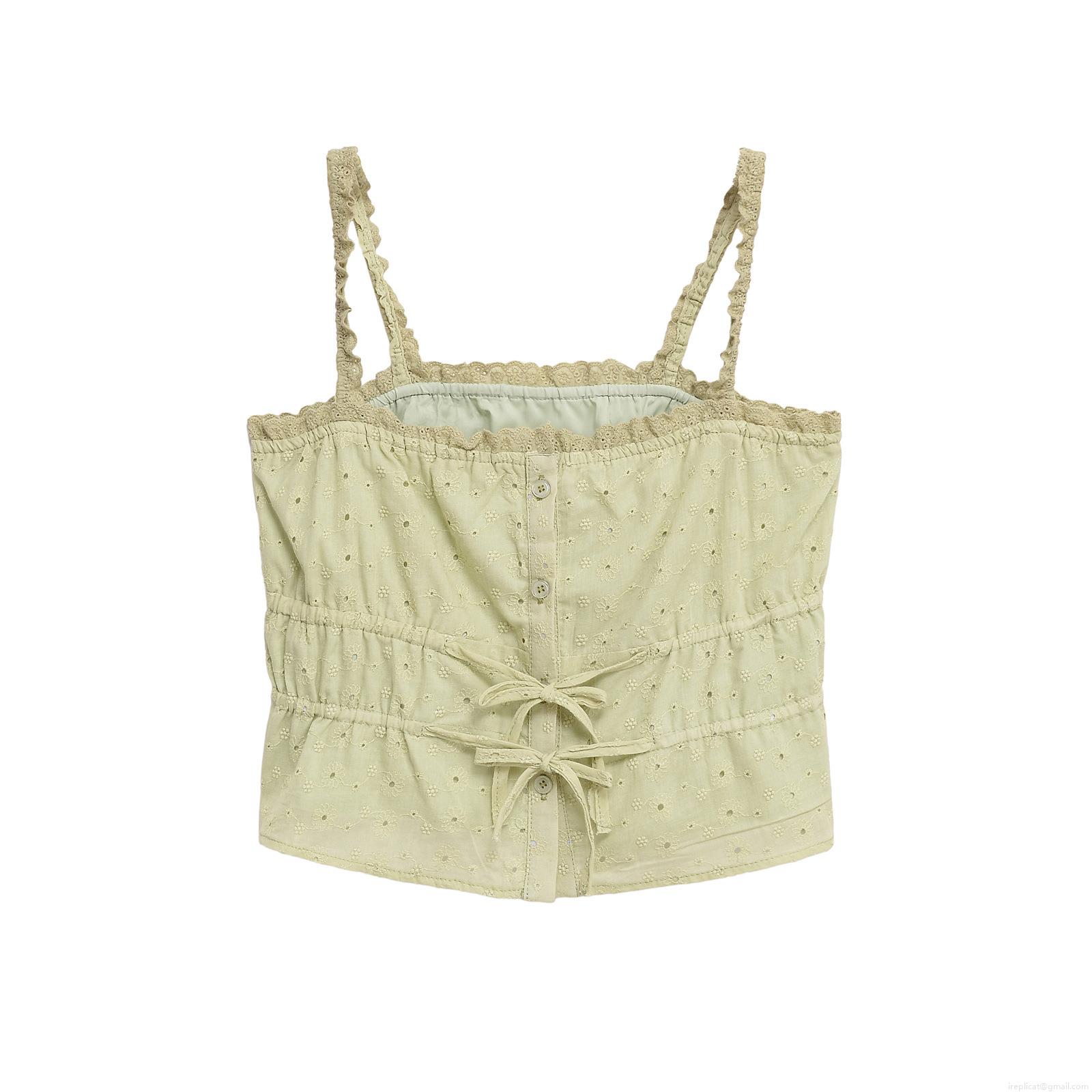 Women Eyelet Embroidery Lace-up Camisole Ruffled Strap Slim Fit Crop Top For Summer Vacation Party Ladies Elegant Cotton Blend Eyelet Tube Top