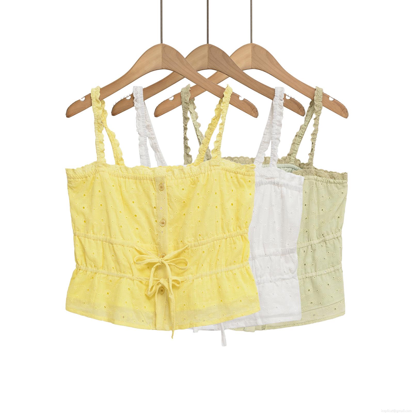 Women Eyelet Embroidery Lace-up Camisole Ruffled Strap Slim Fit Crop Top For Summer Vacation Party Ladies Elegant Cotton Blend Eyelet Tube Top