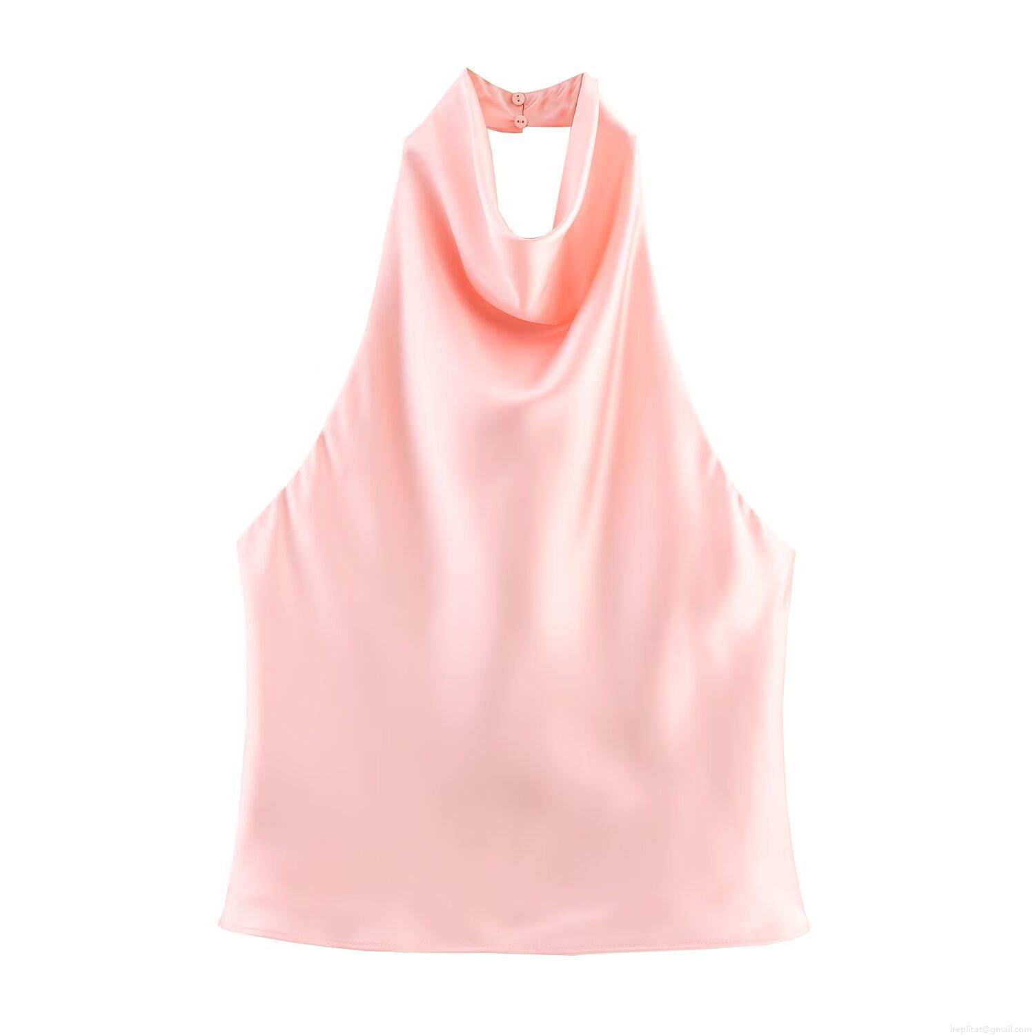 Elegant Satin Halter Tank Top Sleeveless Glossy Silk Texture Backless Camisole For Women Summer Party Clubwear Sexy Chic Vest