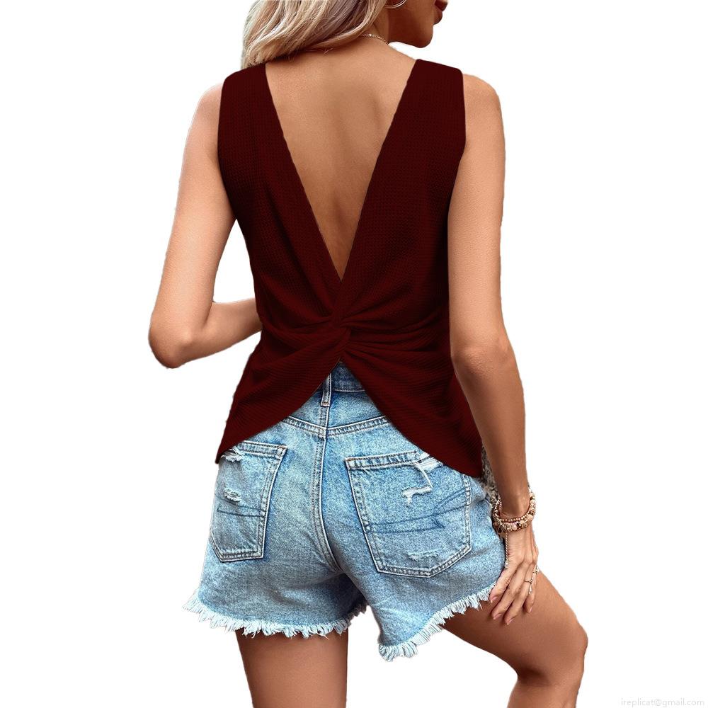 Women Sexy Backless V Neck Waffle Knit Tank Top Casual Sleeveless Summer Vest With Back Twist Design For Women Streetwear Party