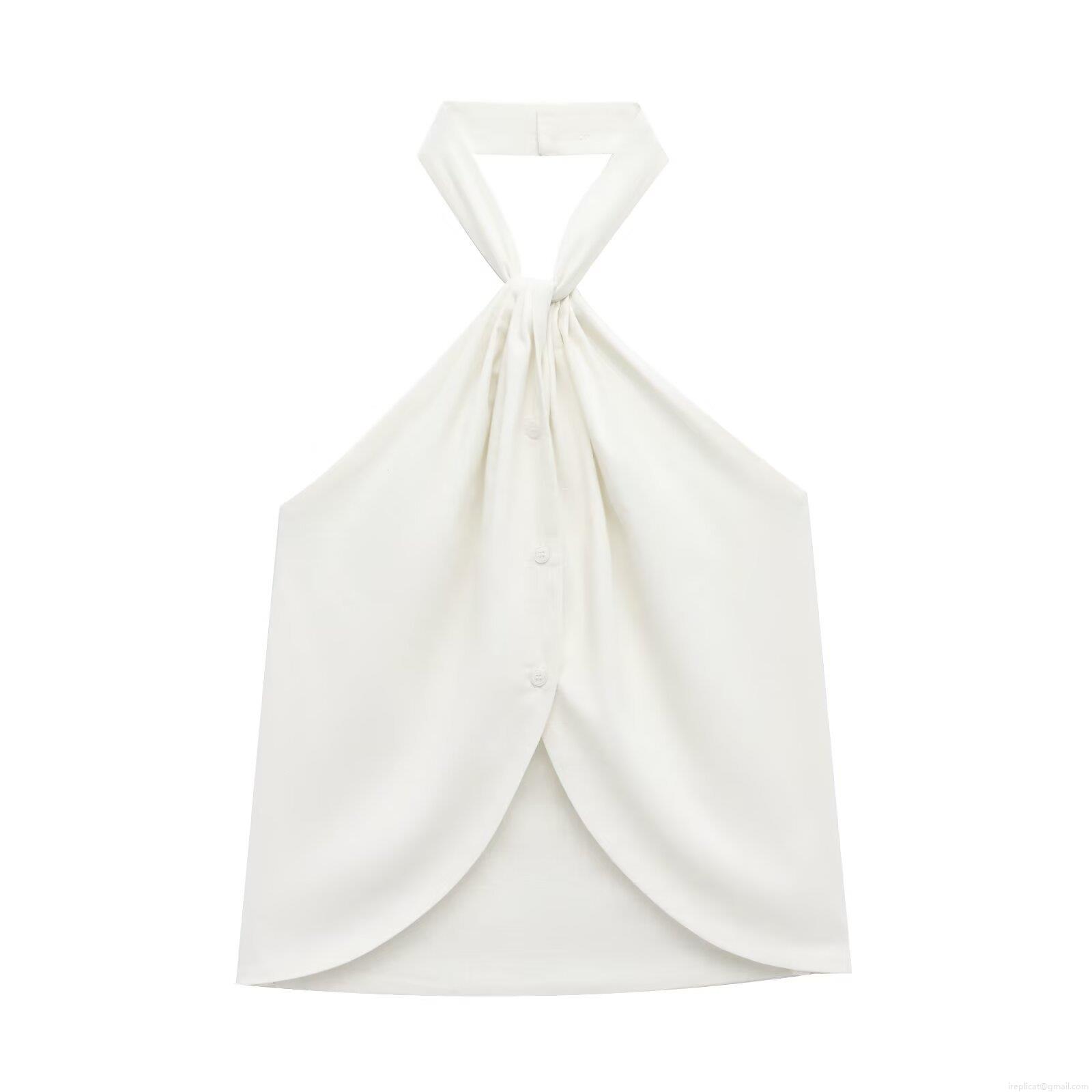 Women's Sexy Halter Neck Backless Camisole Top Button Decor Knotted Sleeveless Slim Fit Polyester Streetwear Vest For Summer Party