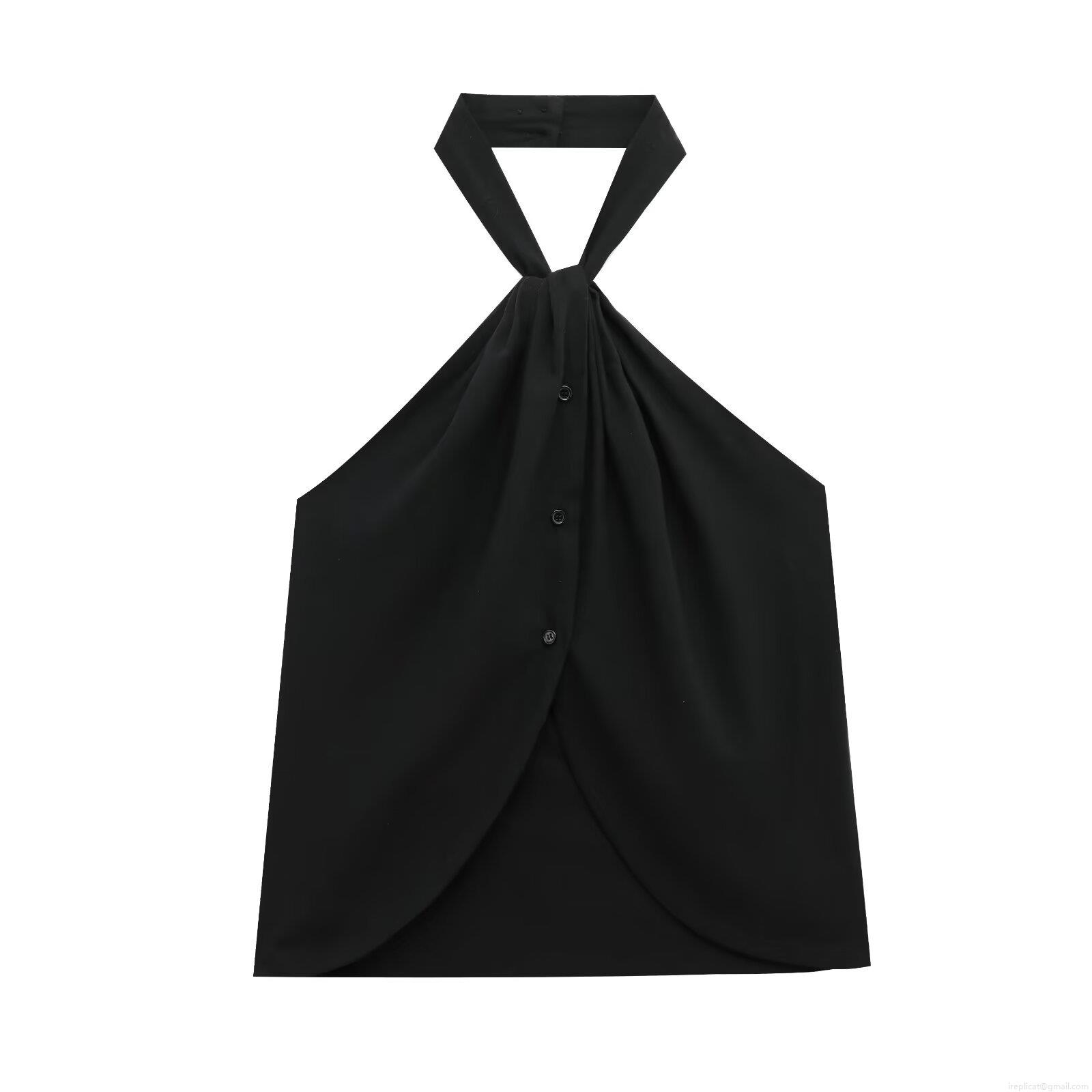 Women's Sexy Halter Neck Backless Camisole Top Button Decor Knotted Sleeveless Slim Fit Polyester Streetwear Vest For Summer Party