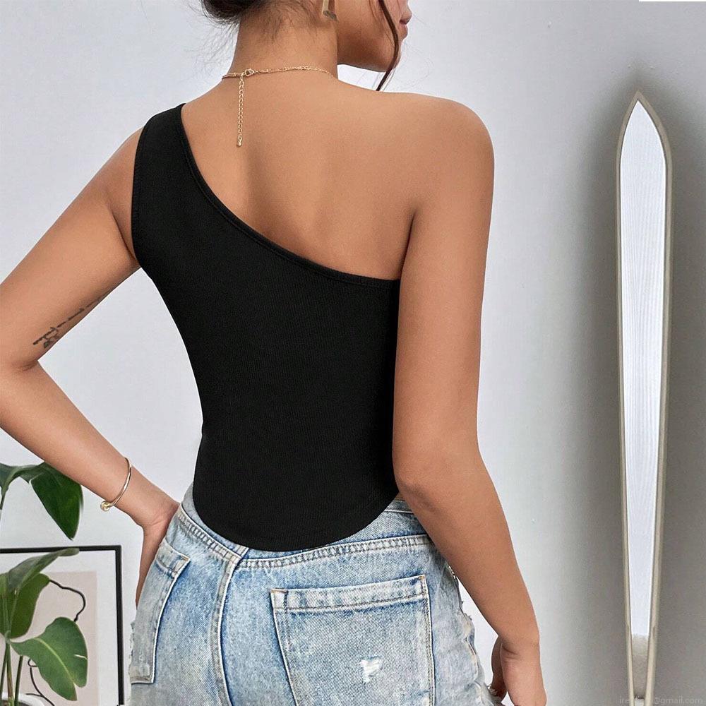 Women Sexy One Shoulder Rib-Knit Crop Top Polyester Spandex Asymmetric Cut-Out Tank Top For Summer Party Clubwear Slim Fit Irregular Hem Vest