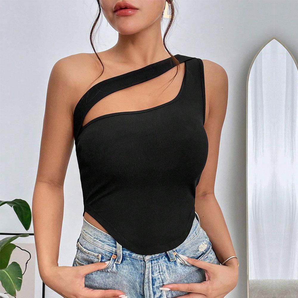 Women Sexy One Shoulder Rib-Knit Crop Top Polyester Spandex Asymmetric Cut-Out Tank Top For Summer Party Clubwear Slim Fit Irregular Hem Vest