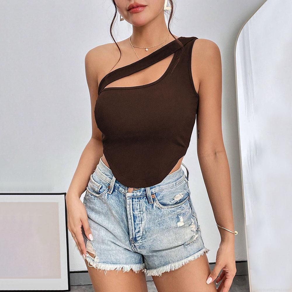 Women Sexy One Shoulder Rib-Knit Crop Top Polyester Spandex Asymmetric Cut-Out Tank Top For Summer Party Clubwear Slim Fit Irregular Hem Vest