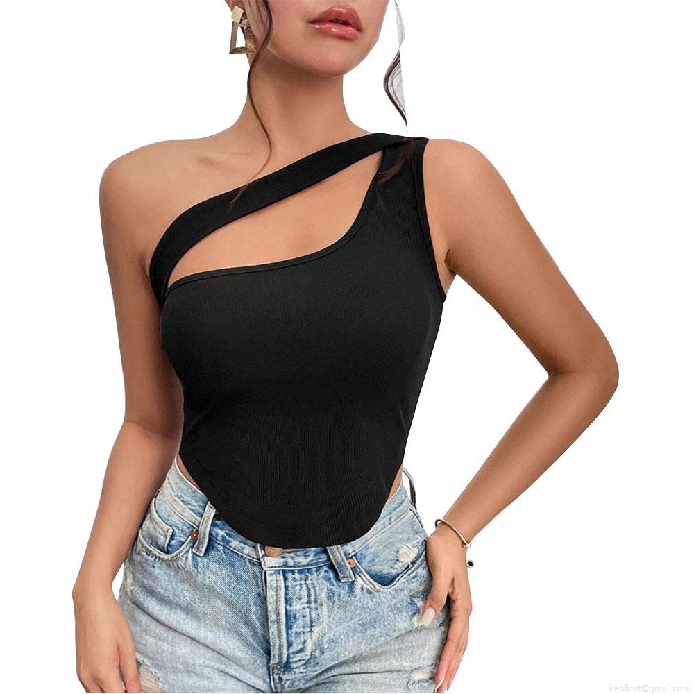 Women Sexy One Shoulder Rib-Knit Crop Top Polyester Spandex Asymmetric Cut-Out Tank Top For Summer Party Clubwear Slim Fit Irregular Hem Vest