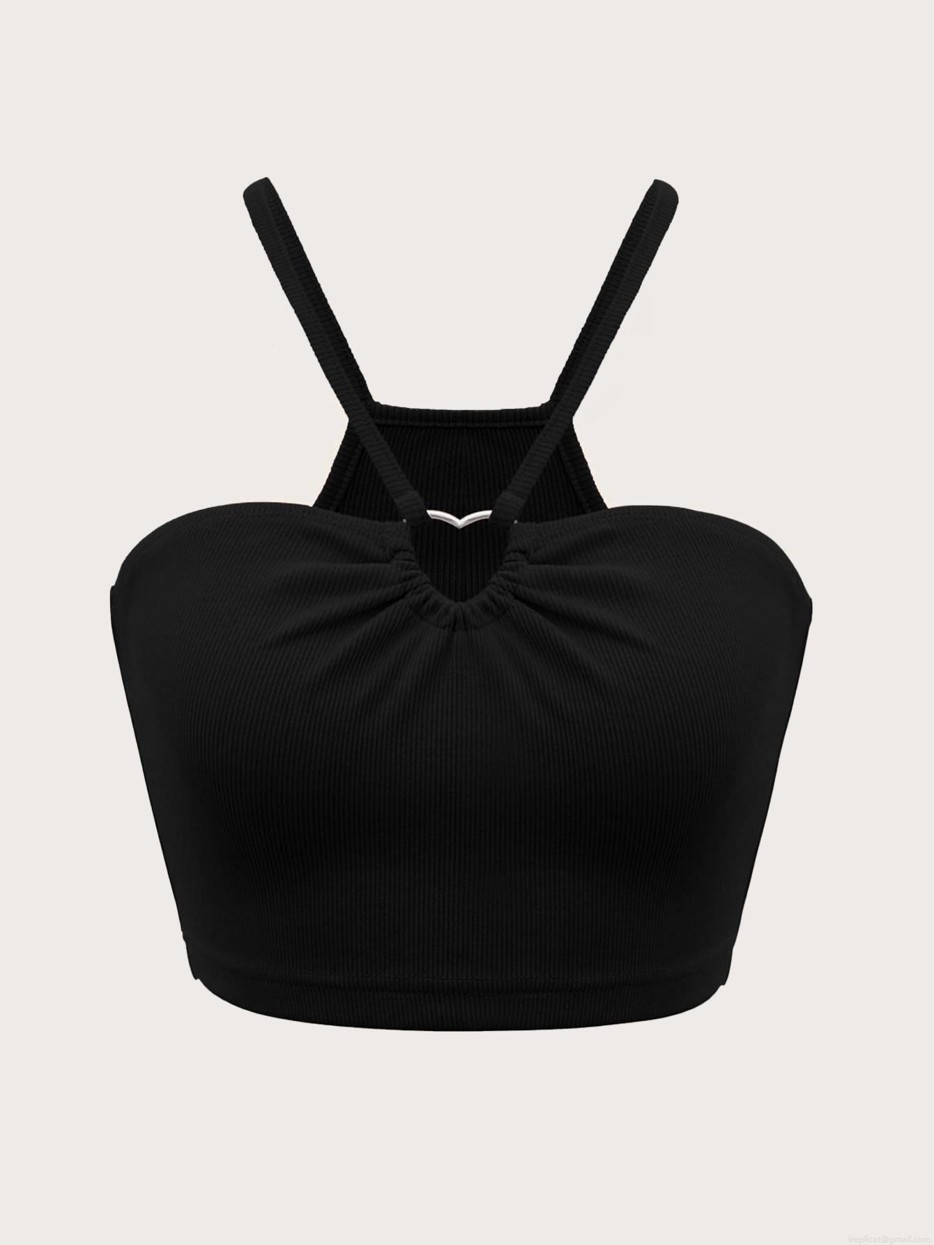 Women's Ribbed Knit Halter Neck Camisole With Heart Metal Buckle Sexy Slim Fit Short Tank Top For Summer Party Polyester Elastane Crop Top