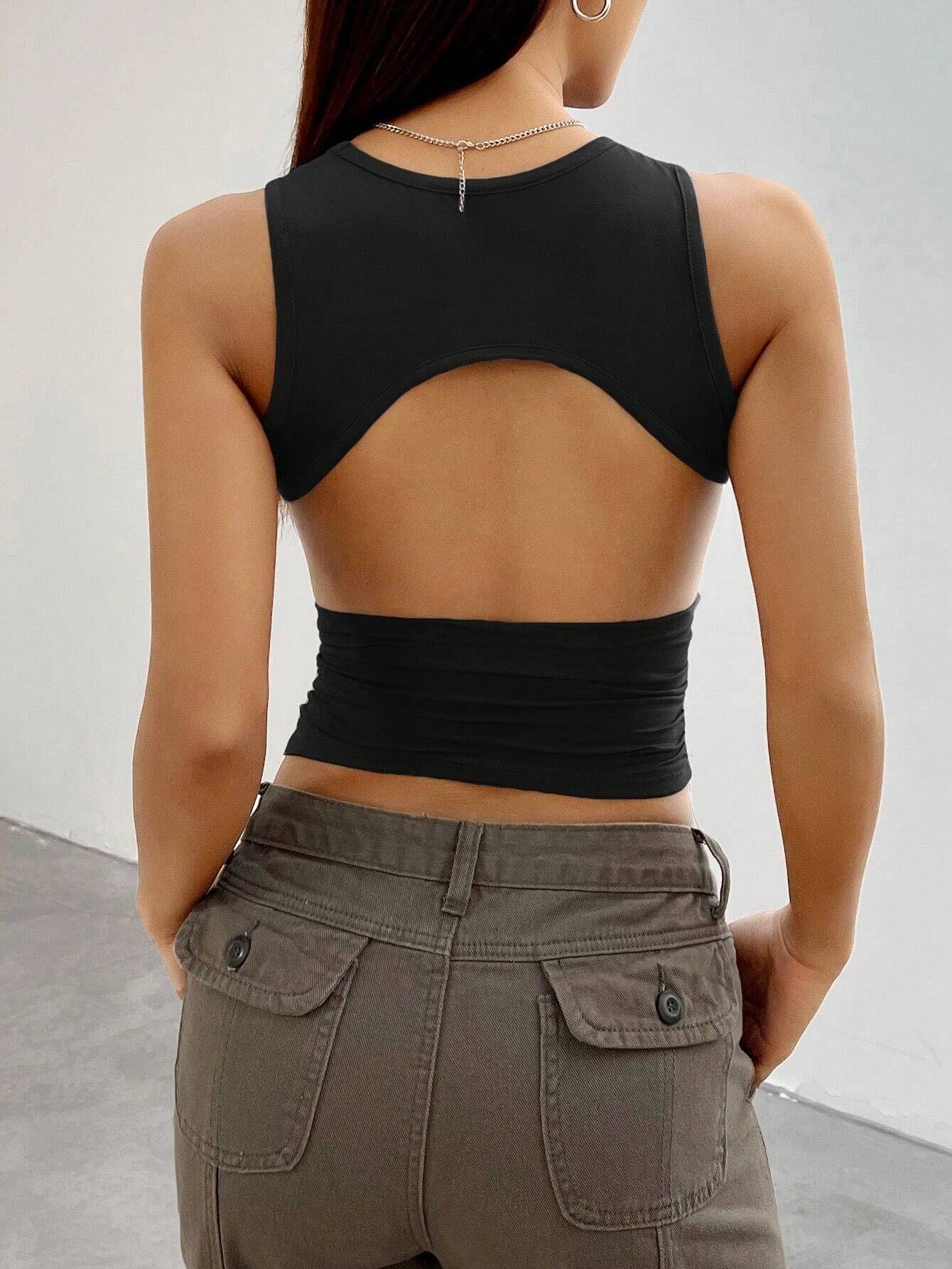 Women's Sexy Hollow Out Backless Tank Top Viscose Elastane Sleeveless Slim Fit Crop Top For Summer Streetwear