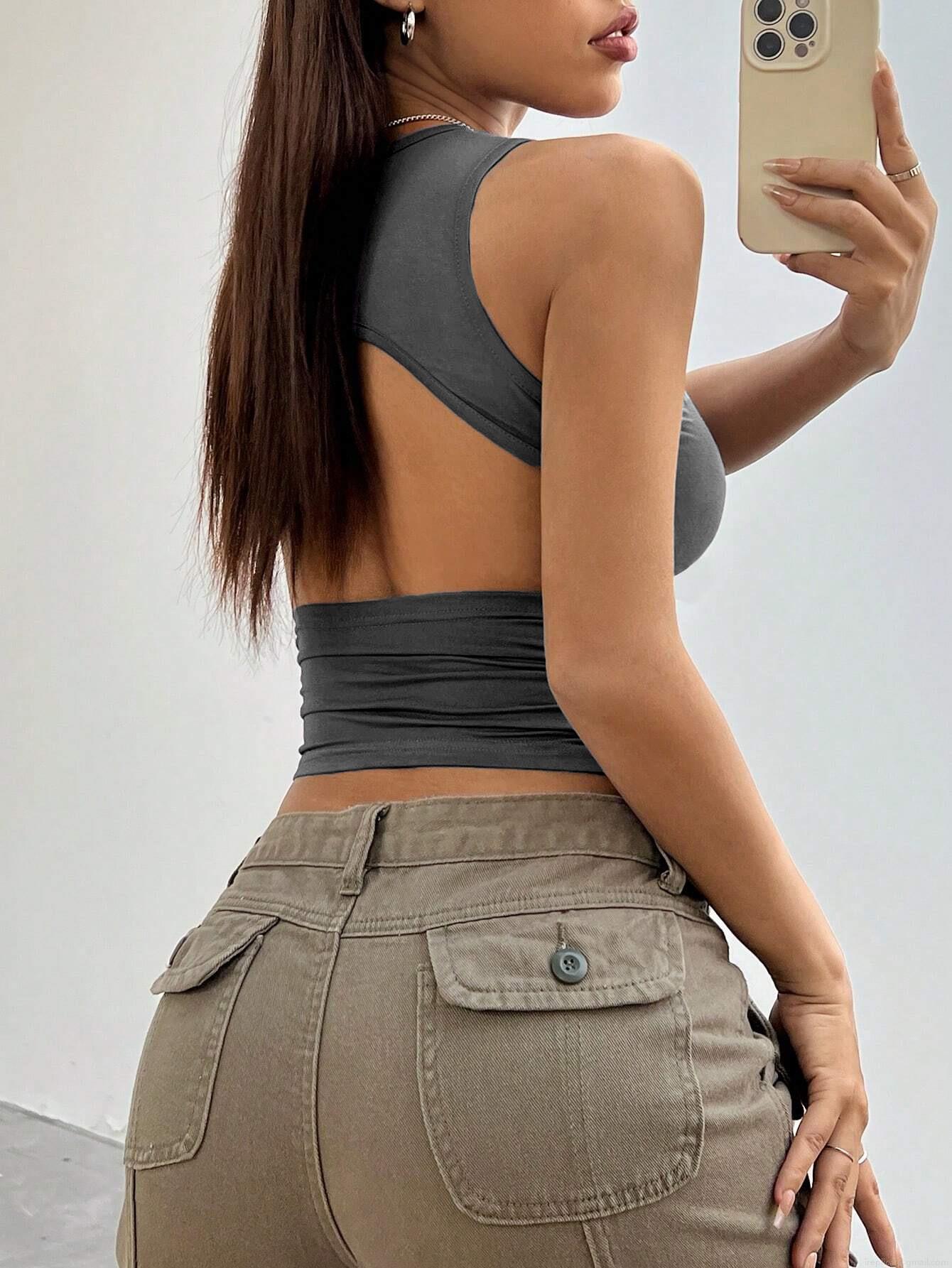 Women's Sexy Hollow Out Backless Tank Top Viscose Elastane Sleeveless Slim Fit Crop Top For Summer Streetwear