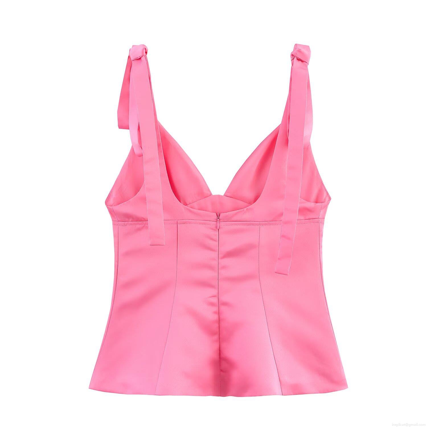 Women's Satin Texture Camisole Top With Bow Tie Shoulder Straps V-Neck Sleeveless Back Zipper Slim Fit Top For Women Summer Streetwear Party