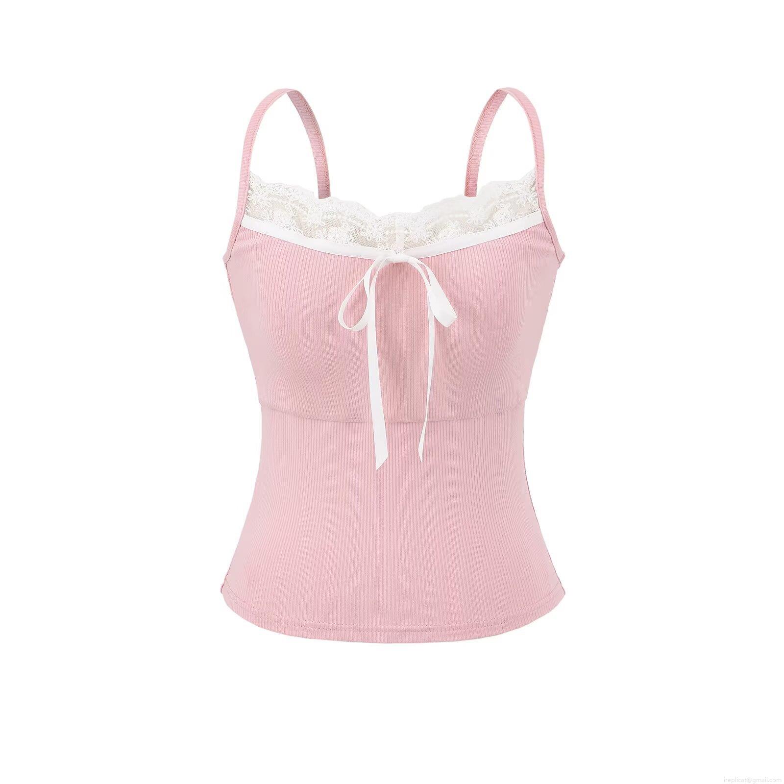 Women's Lace Trim Spliced Ribbed Knit Camisole Top With Chest Pad Bow Knot Slim Fit Spaghetti Strap Summer Tank Top For Women Daily Casual