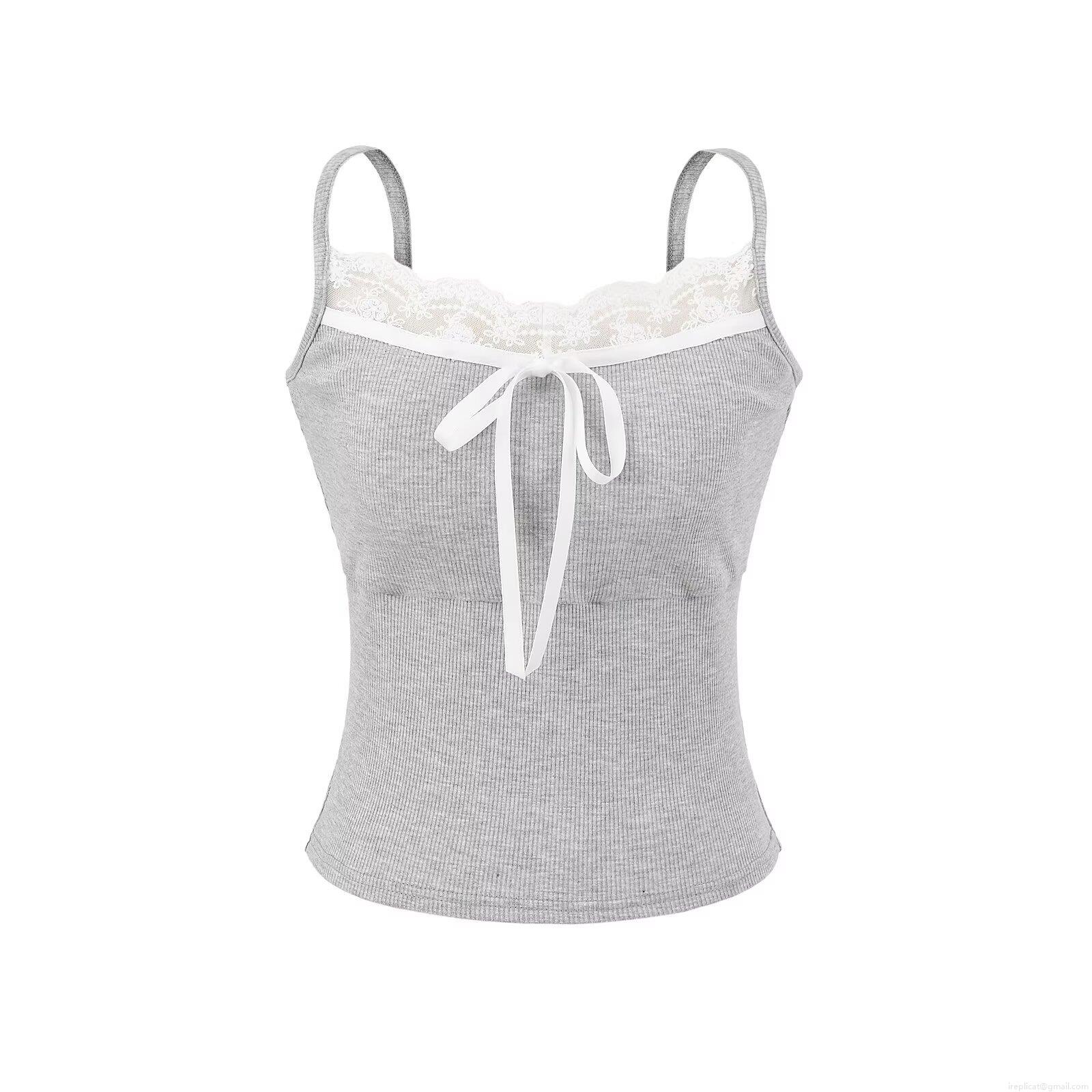 Women's Lace Trim Spliced Ribbed Knit Camisole Top With Chest Pad Bow Knot Slim Fit Spaghetti Strap Summer Tank Top For Women Daily Casual