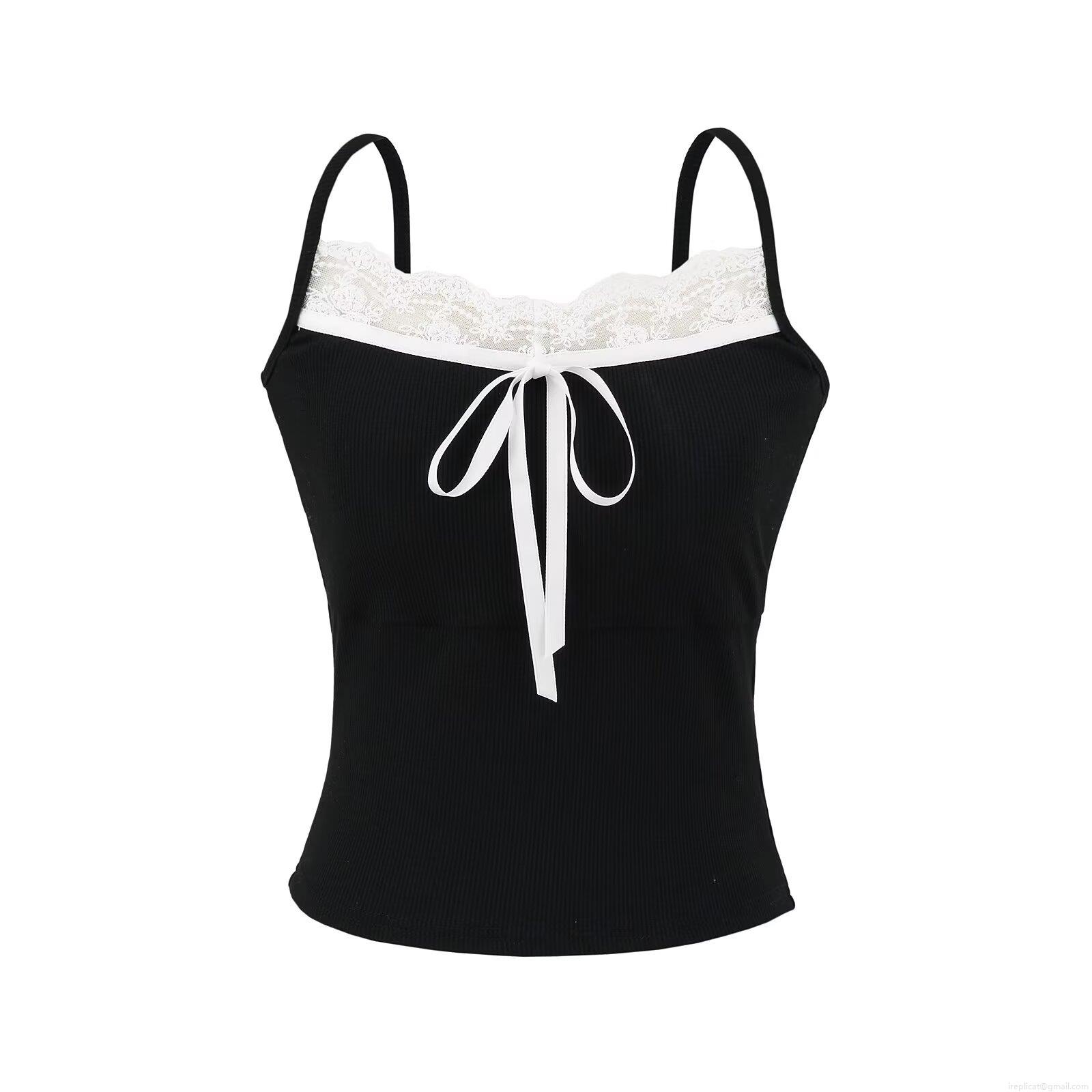 Women's Lace Trim Spliced Ribbed Knit Camisole Top With Chest Pad Bow Knot Slim Fit Spaghetti Strap Summer Tank Top For Women Daily Casual