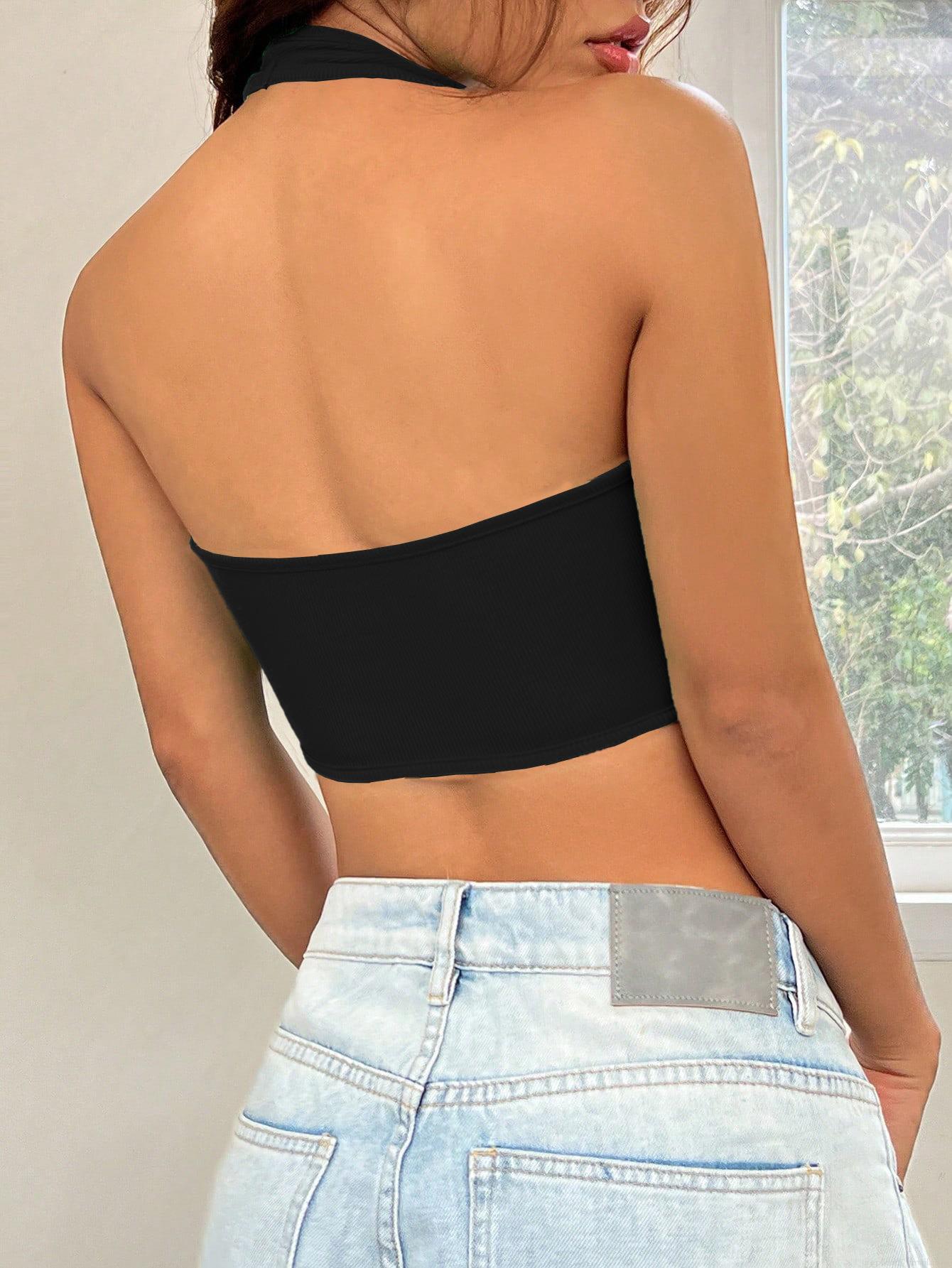 Women's Sexy Halterneck Ribbed Knit Tank Top Slim Fit Irregular Fishbone Hem Crop Top Sleeveless Summer Streetwear Y2K Party Vest Clothing