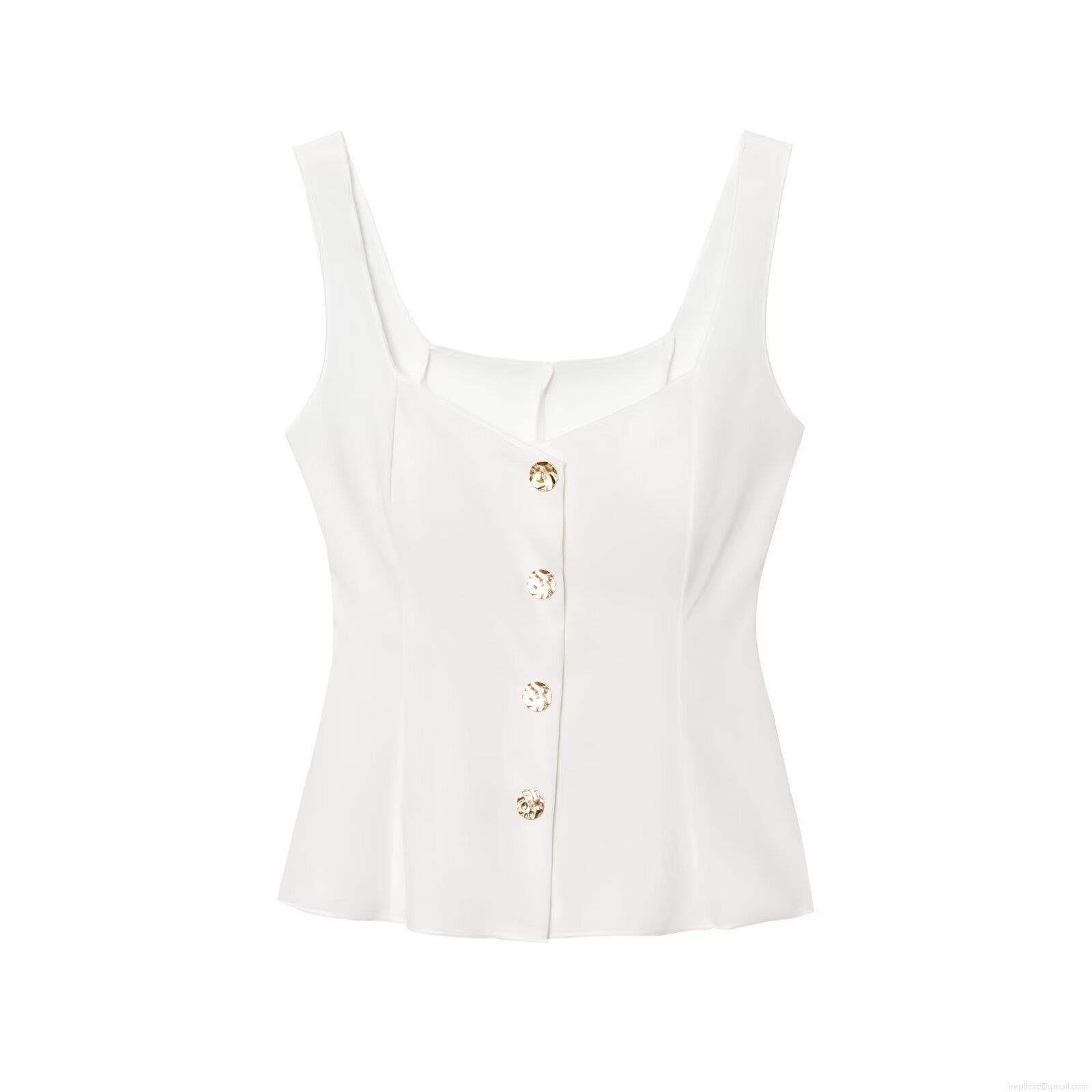 Women's Sexy Backless Camisole Top Elegant Square Neck Sleeveless Peplum Vest With Gold Buttons Summer Polyester Tank Top For Party Daily Wear