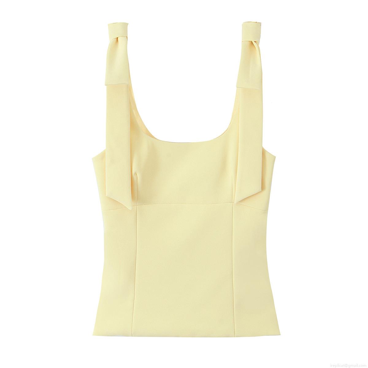 Women's Sexy Square Neck Bow Tie Shoulder Strap Camisole Top Summer Slim Fit Plain Sleeveless Vest Shirt Streetwear Fashion Crop Tank Top