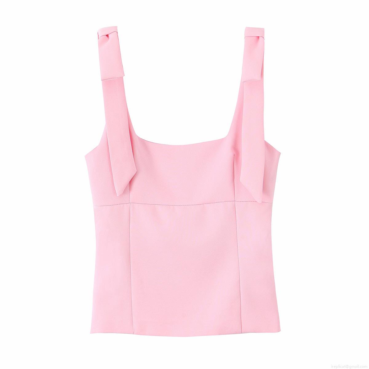 Women's Sexy Square Neck Bow Tie Shoulder Strap Camisole Top Summer Slim Fit Plain Sleeveless Vest Shirt Streetwear Fashion Crop Tank Top